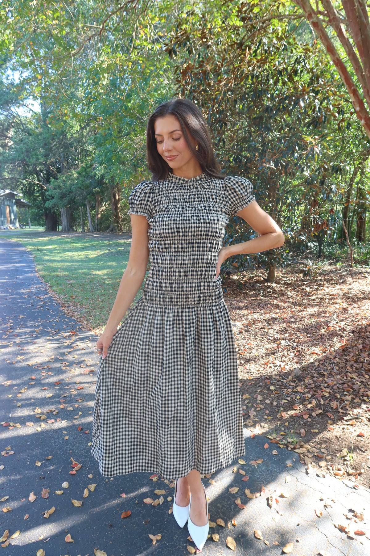 Glenwood Gingham Maxi Dress- Black/Taupe