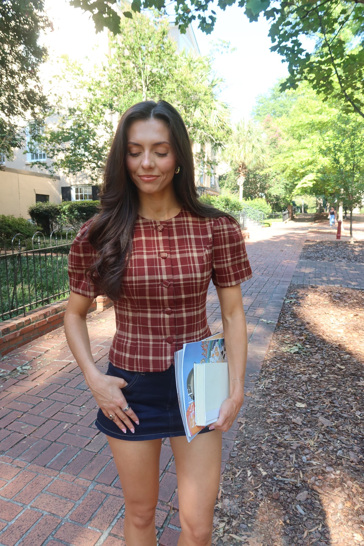 Polly Plaid Top- Burgundy/Taupe