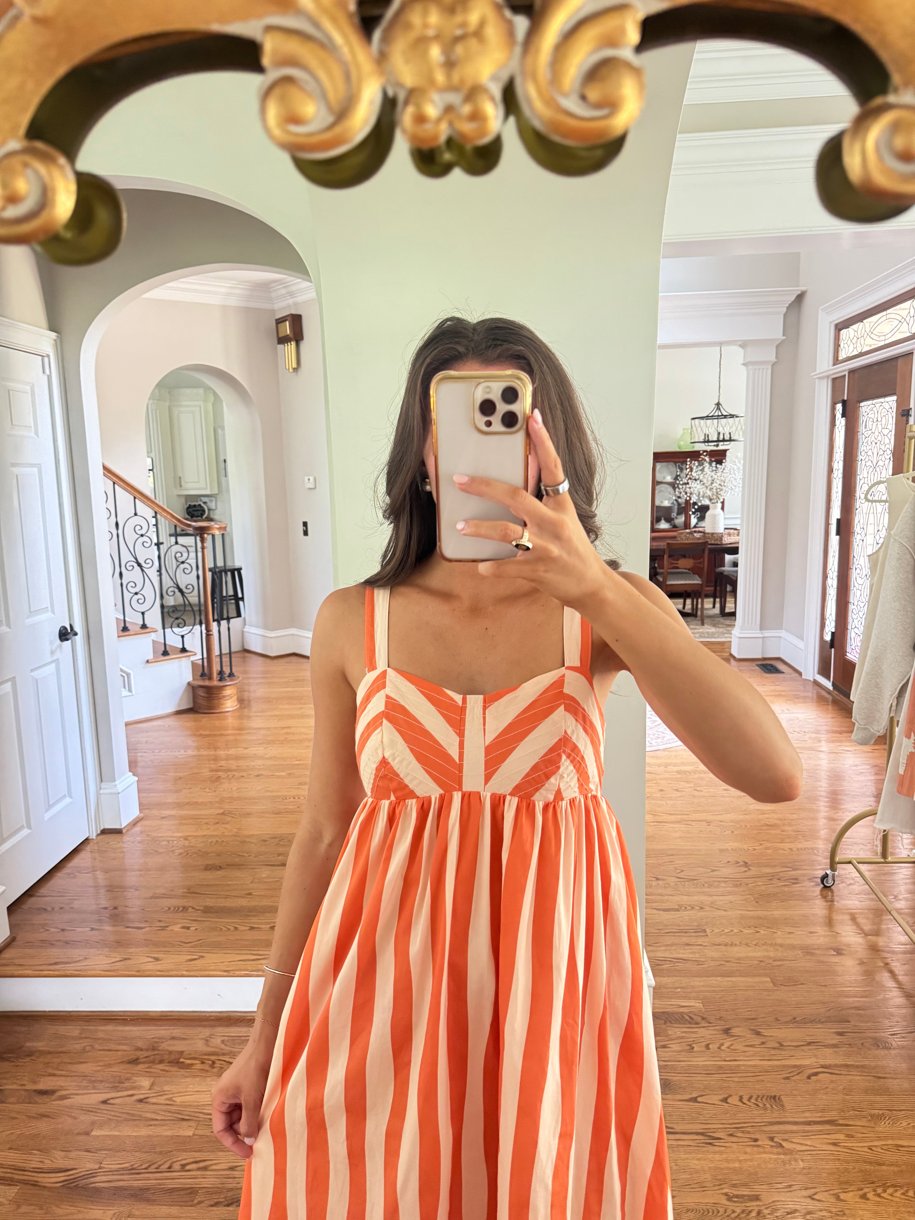 Sideline Stripe Midi Dress- Orange/Cream