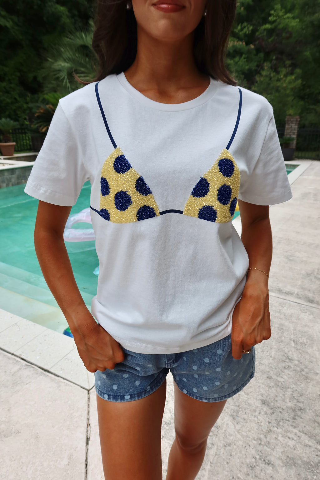 Beaded Polka Dot Bikini Tee- Ivory/Blue/Yellow