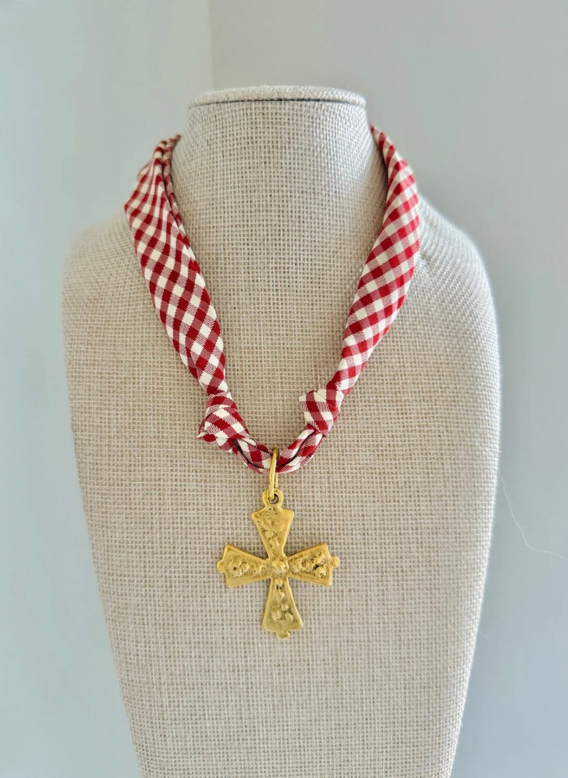 Gingham Sweetheart Scarf Necklace- Red/White