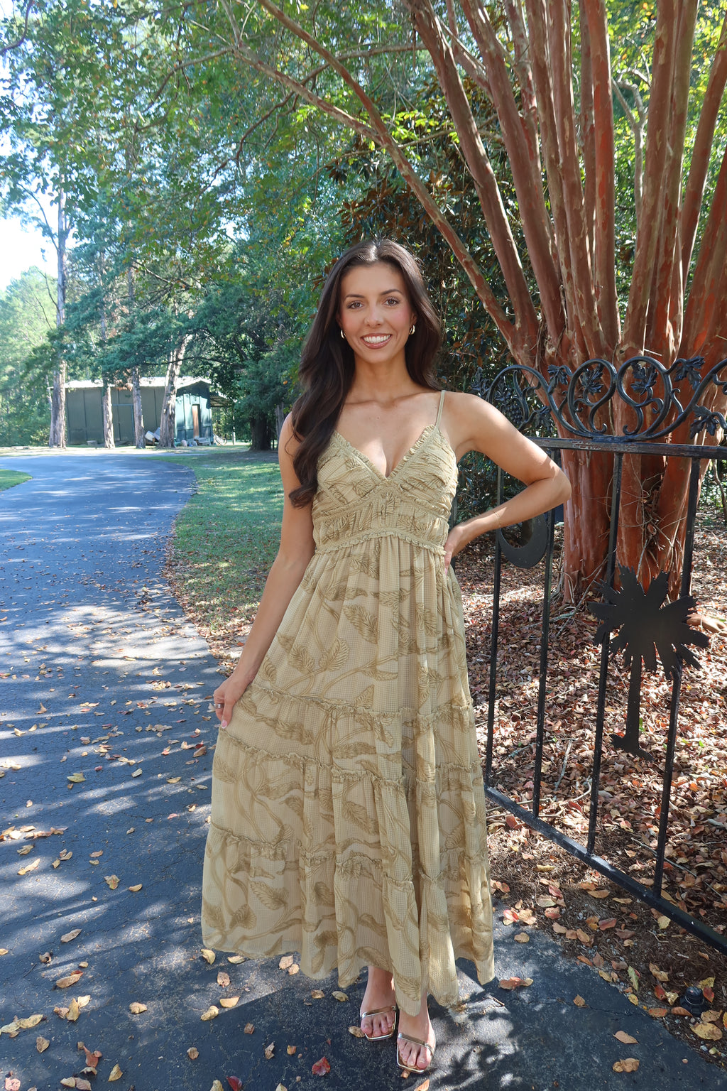 Maple Lane Tiered Maxi Dress- Beige Floral