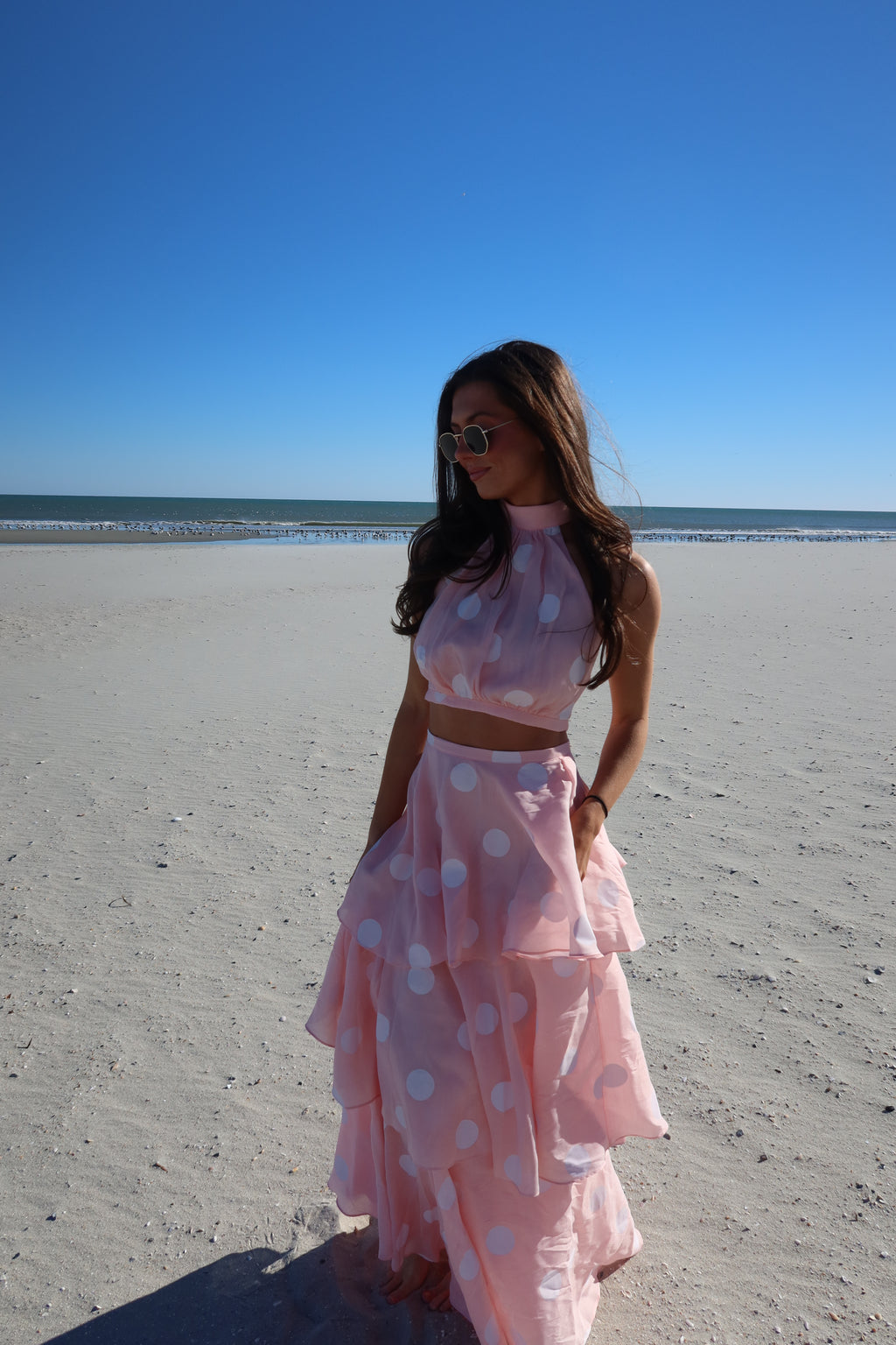 Darling Dot Halter Neck Skirt Set- Pink