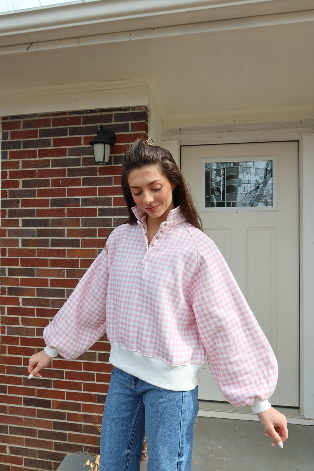 Checkered Snap Pullover- Pink/White