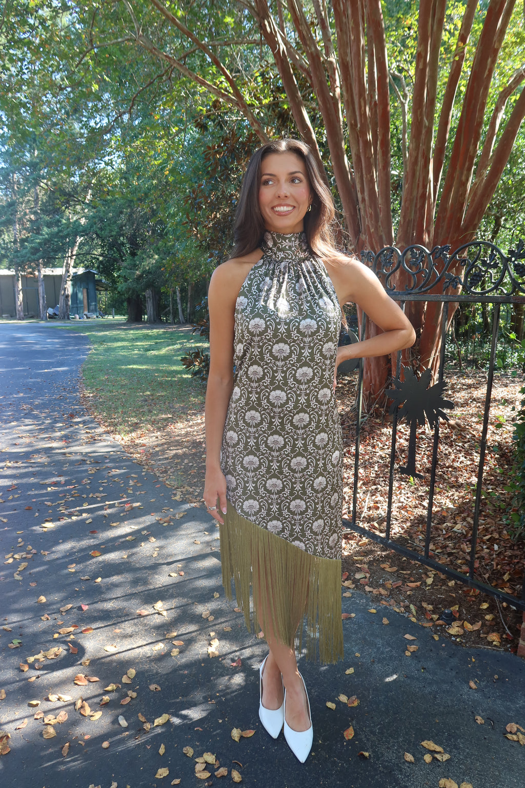 Olive Estate Fringe Midi Dress- Olive