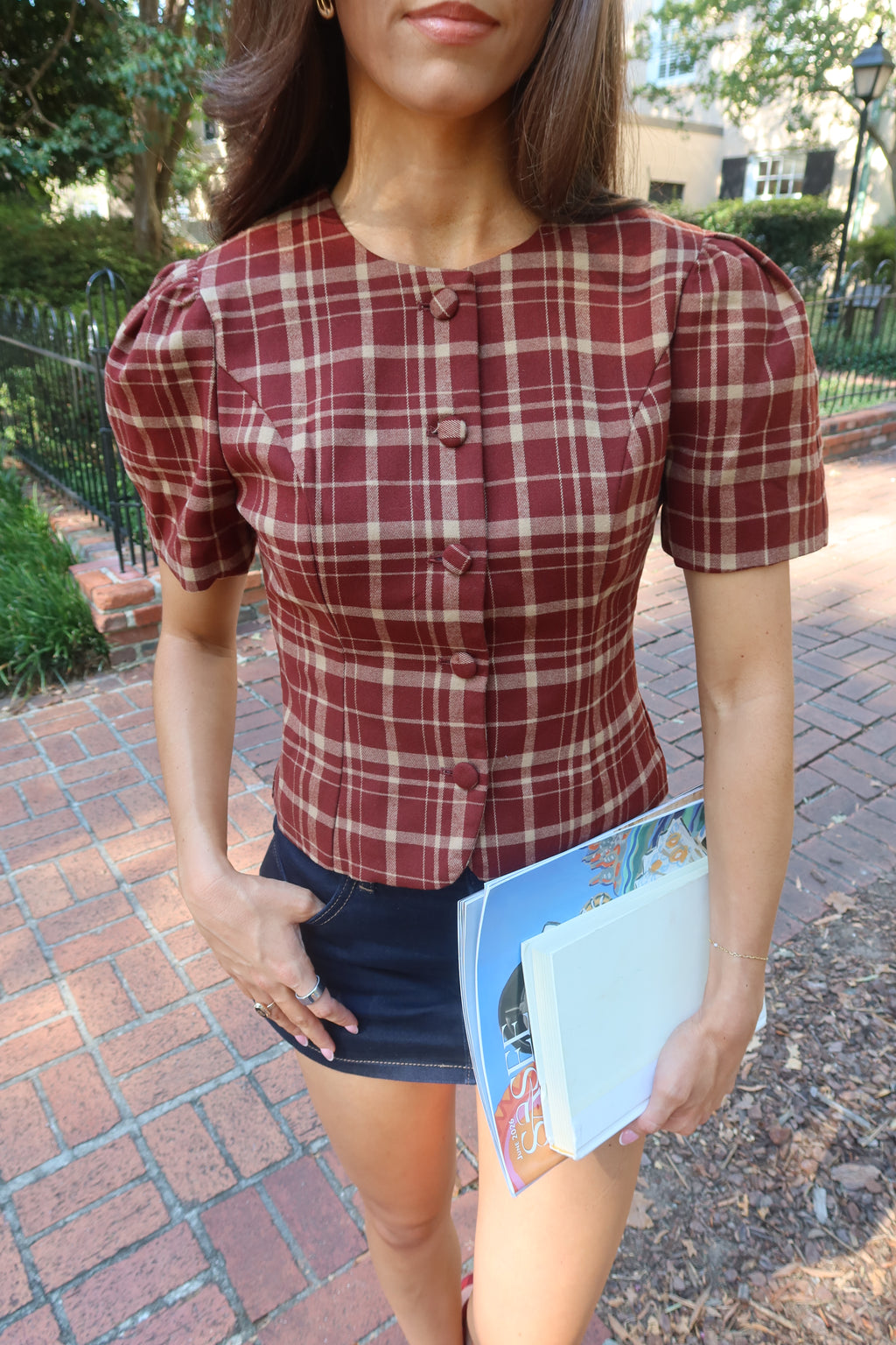 Polly Plaid Top- Burgundy/Taupe