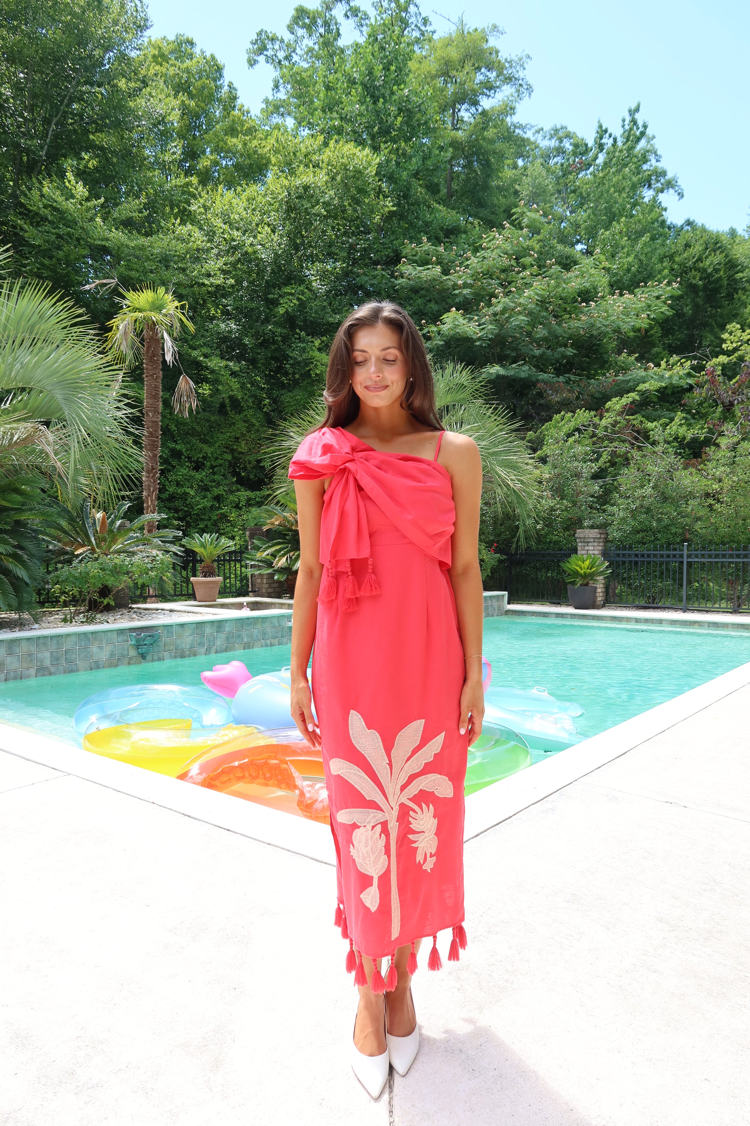 Palm Island Midi Dress- Red/Ecru