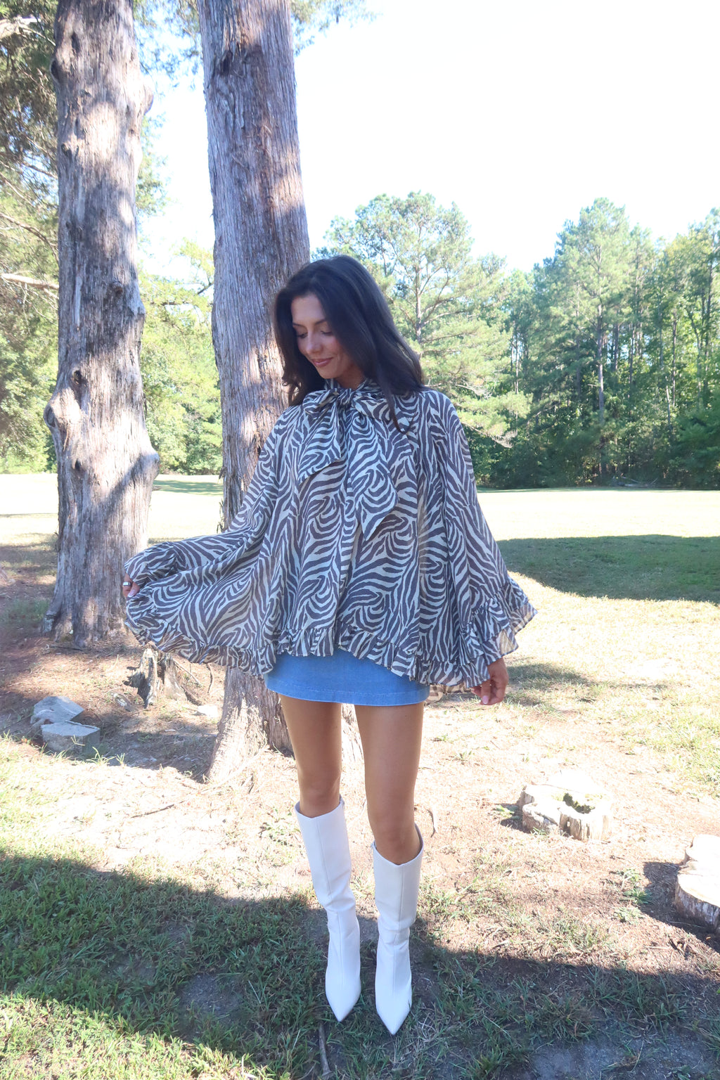 Savanna Zebra Ruffle Blouse- Taupe Grey/Cream