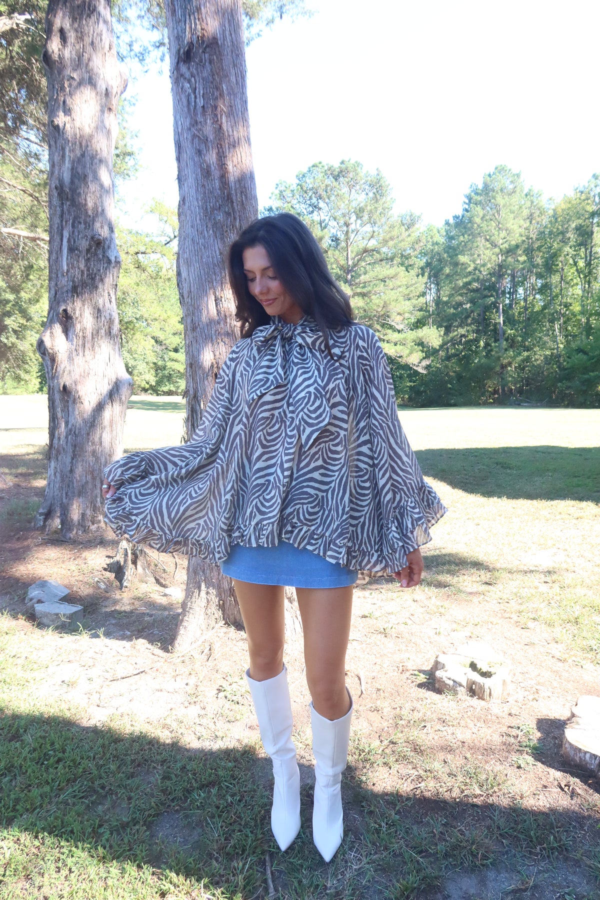 Savanna Zebra Ruffle Blouse- Taupe Grey/Cream