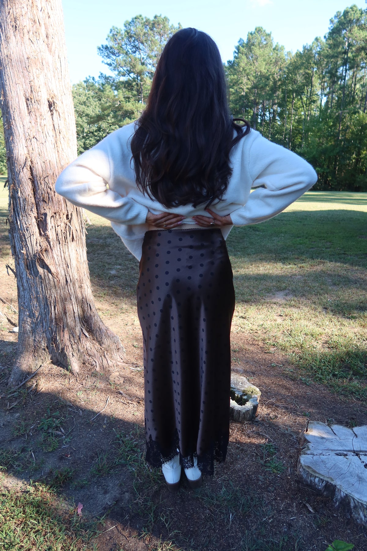 Scottsdale Polka Dot Lace Midi Skirt- Dark Brown/Black