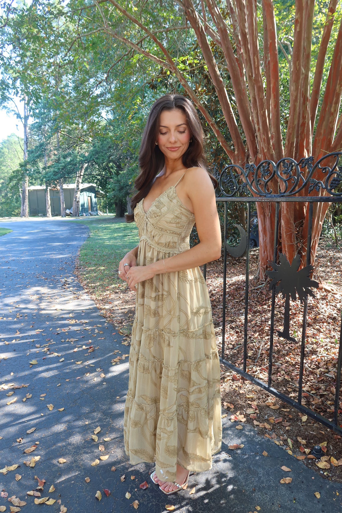 Maple Lane Tiered Maxi Dress- Beige Floral