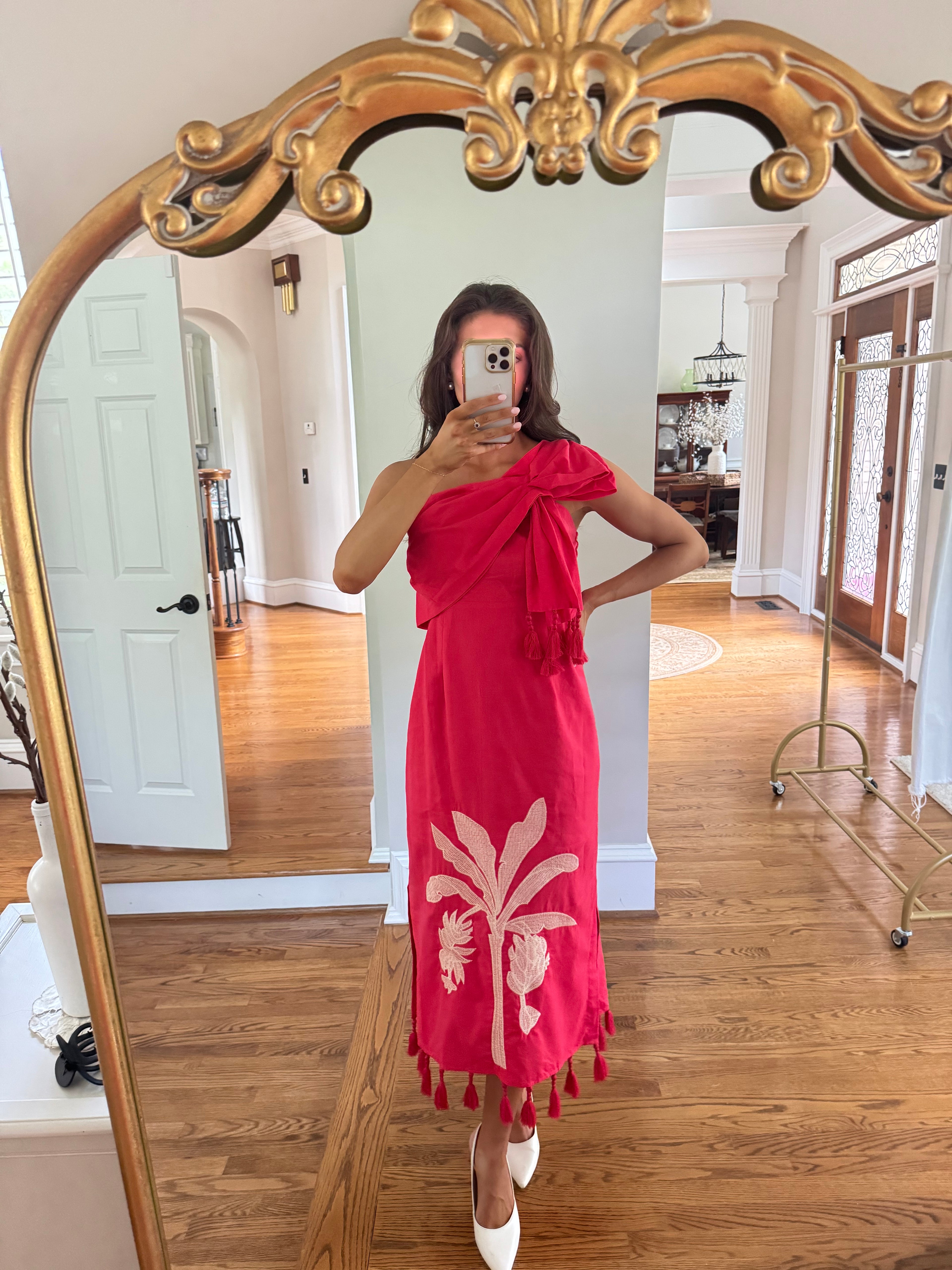 Palm Island Midi Dress- Red/Ecru