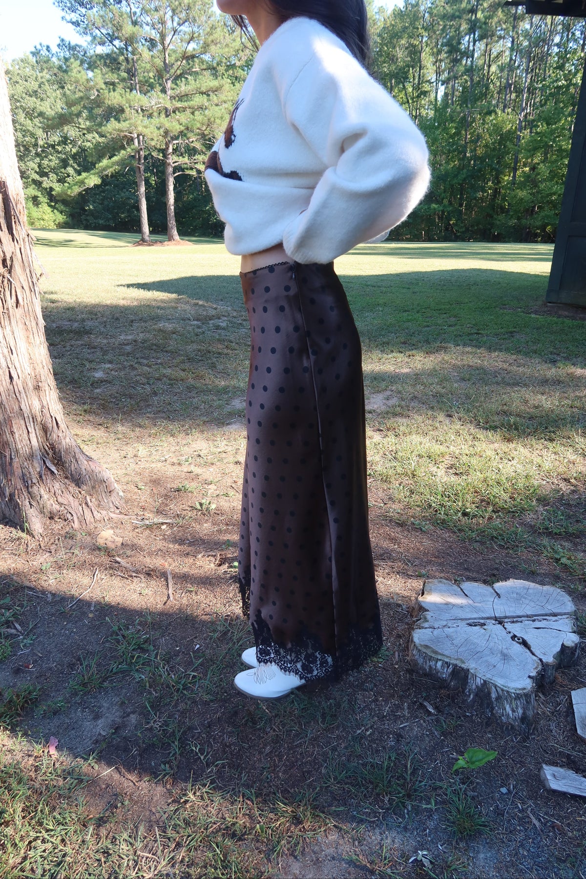 Scottsdale Polka Dot Lace Midi Skirt- Dark Brown/Black