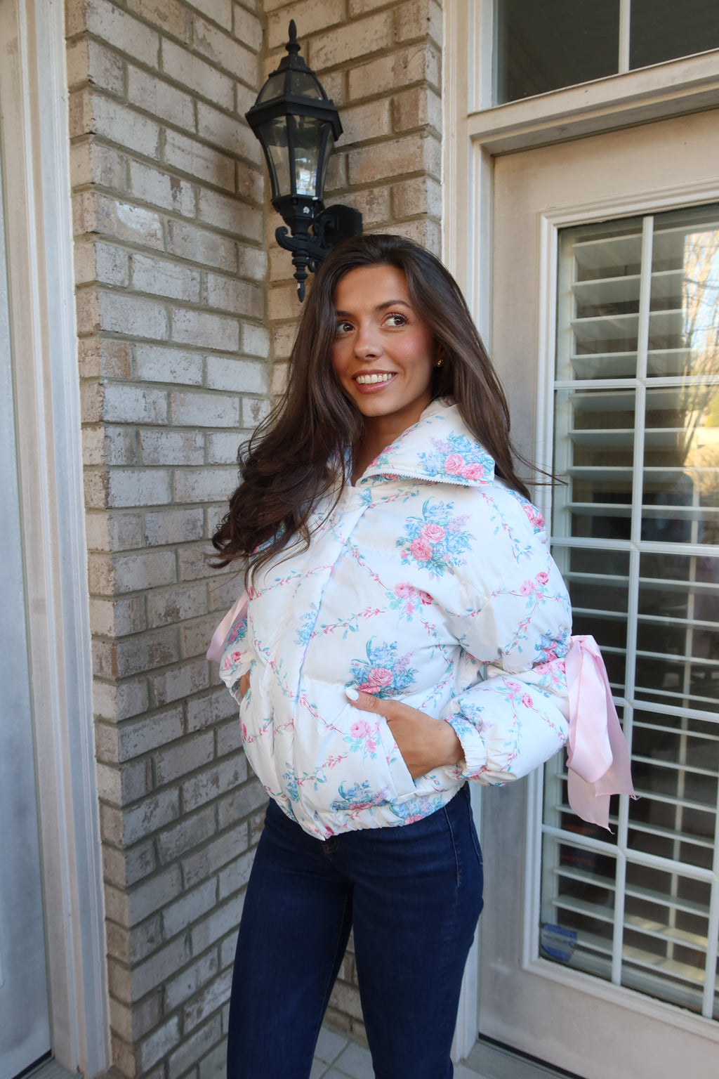 Floral Puffer Jacket- White/Blue/Pink