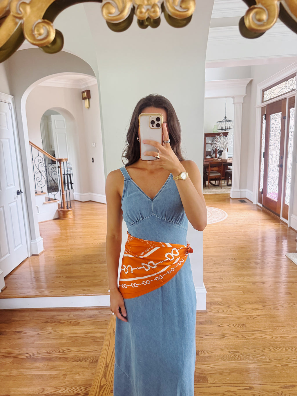 Orange & White Horse Bit Silk Scarf- 26x26