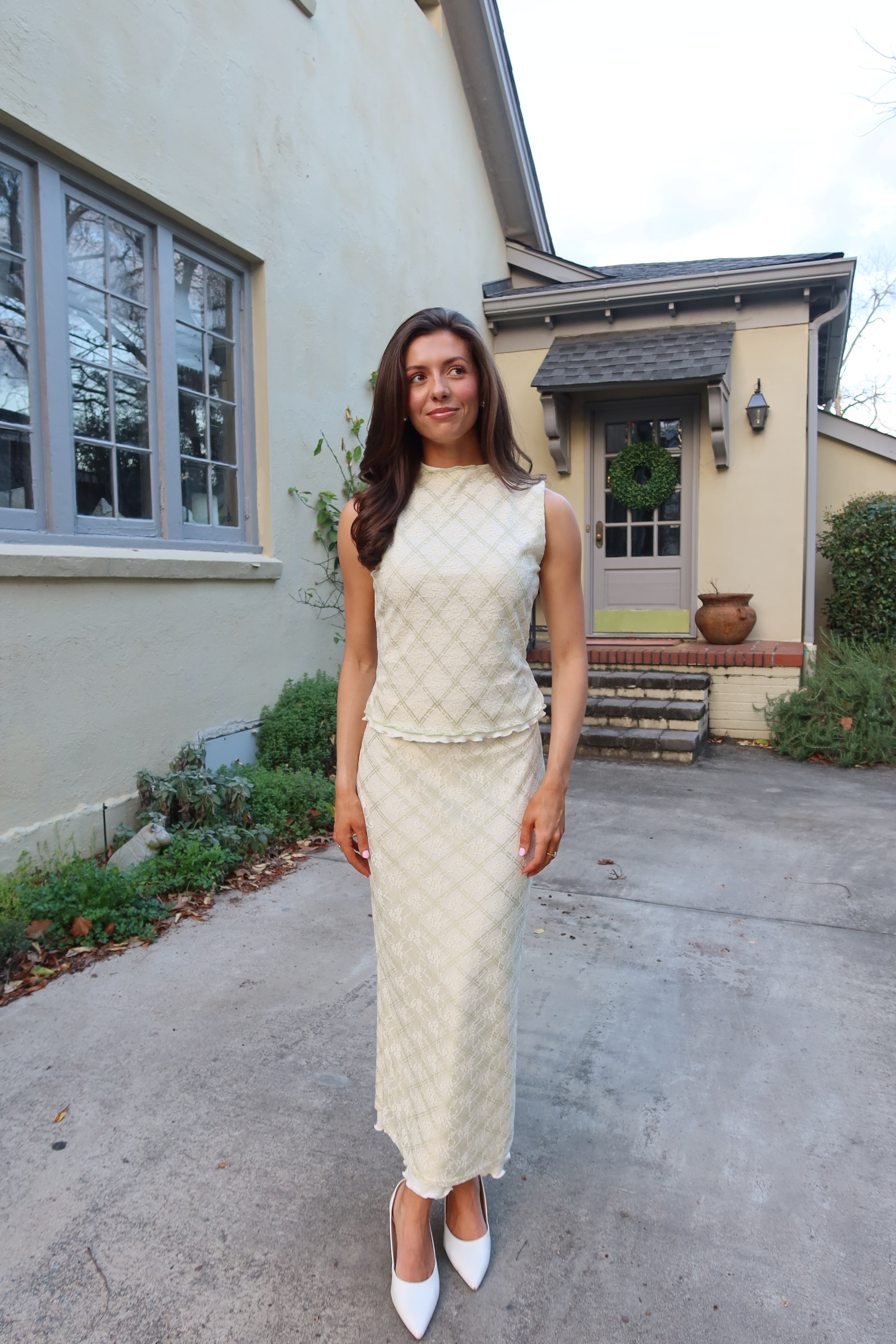 Picnic at the Manor Set Midi Skirt- Cream/Green