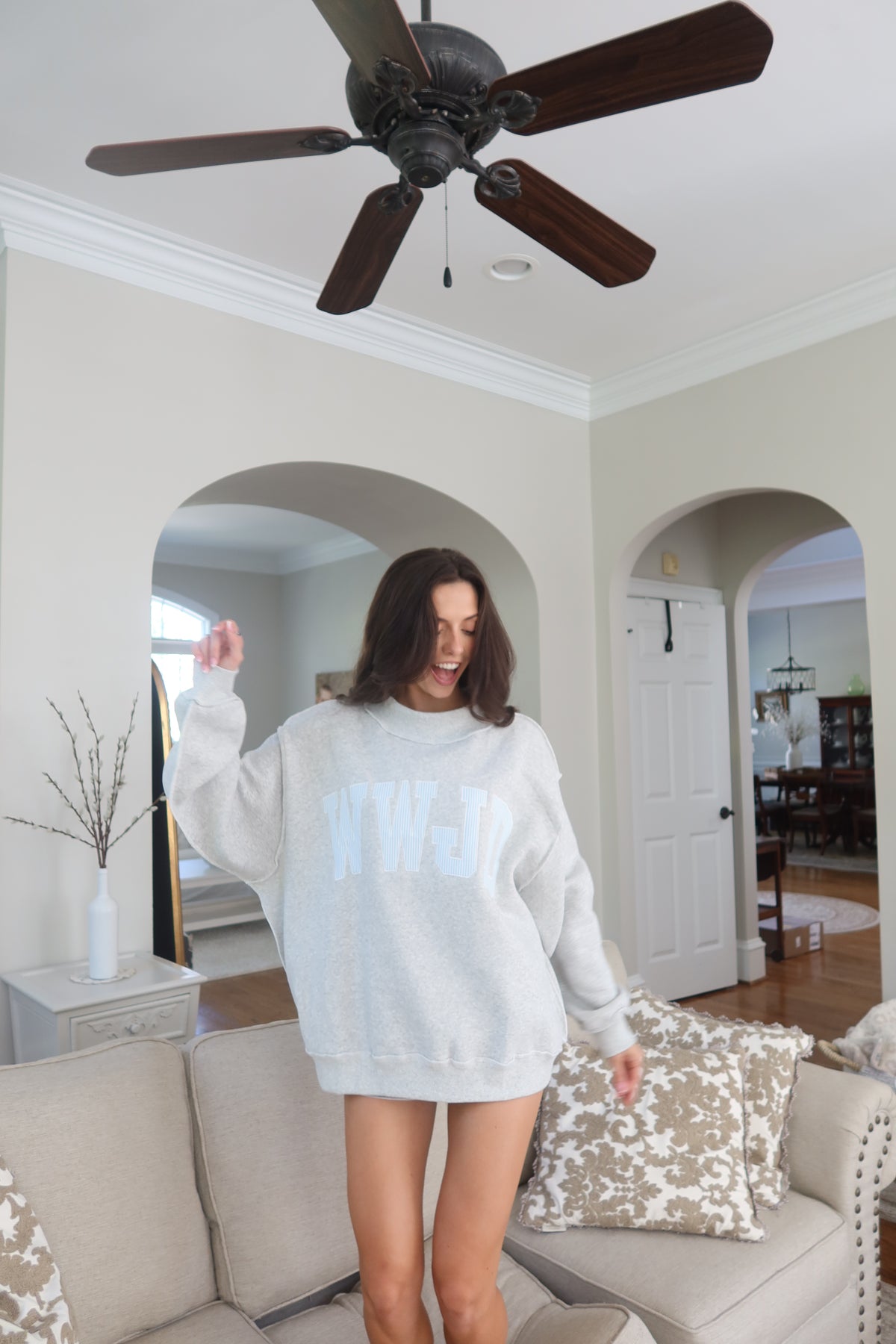 WWJD Embroidered Sweatshirt- Heather Grey/Blue Stripe