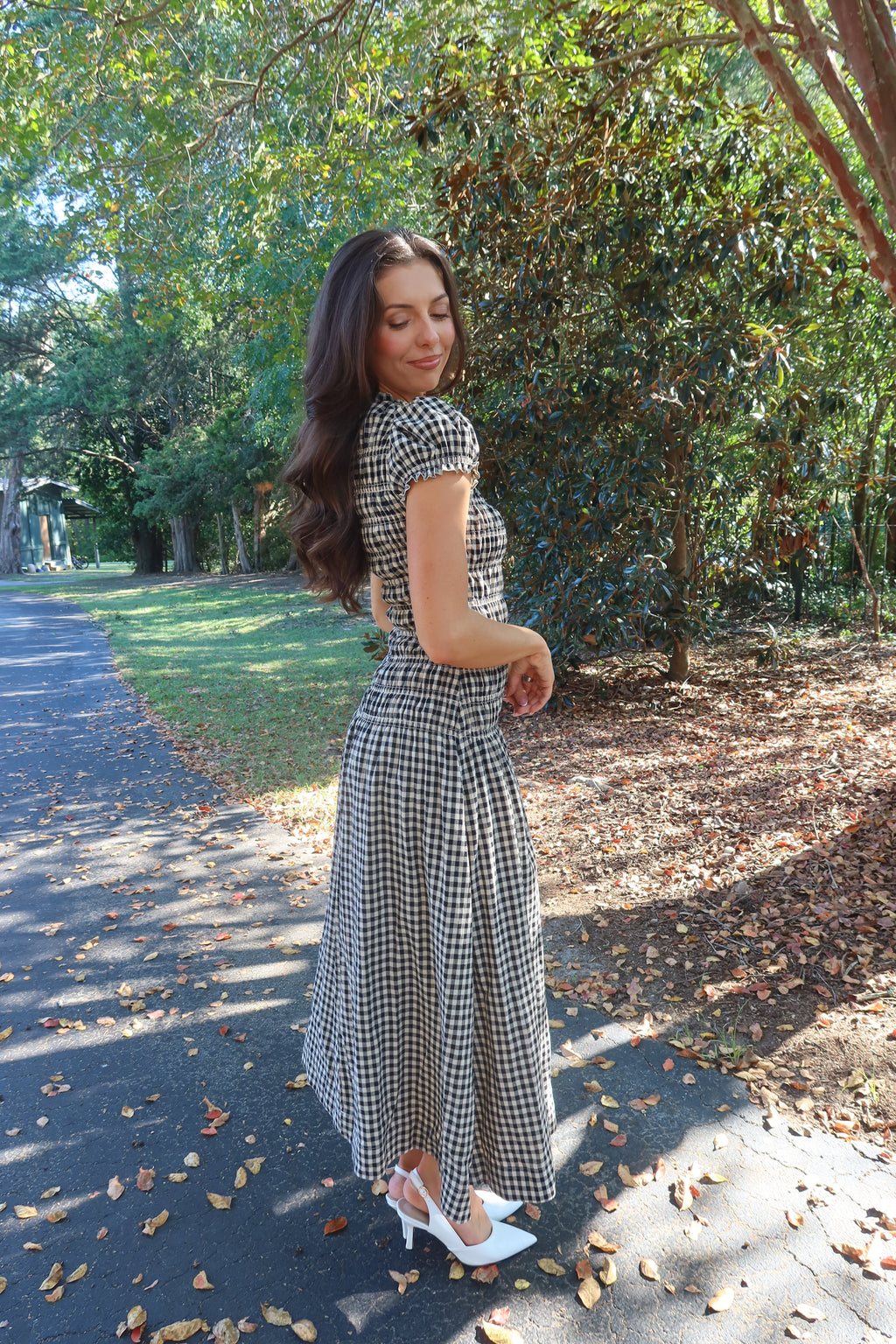 Glenwood Gingham Maxi Dress- Black/Taupe