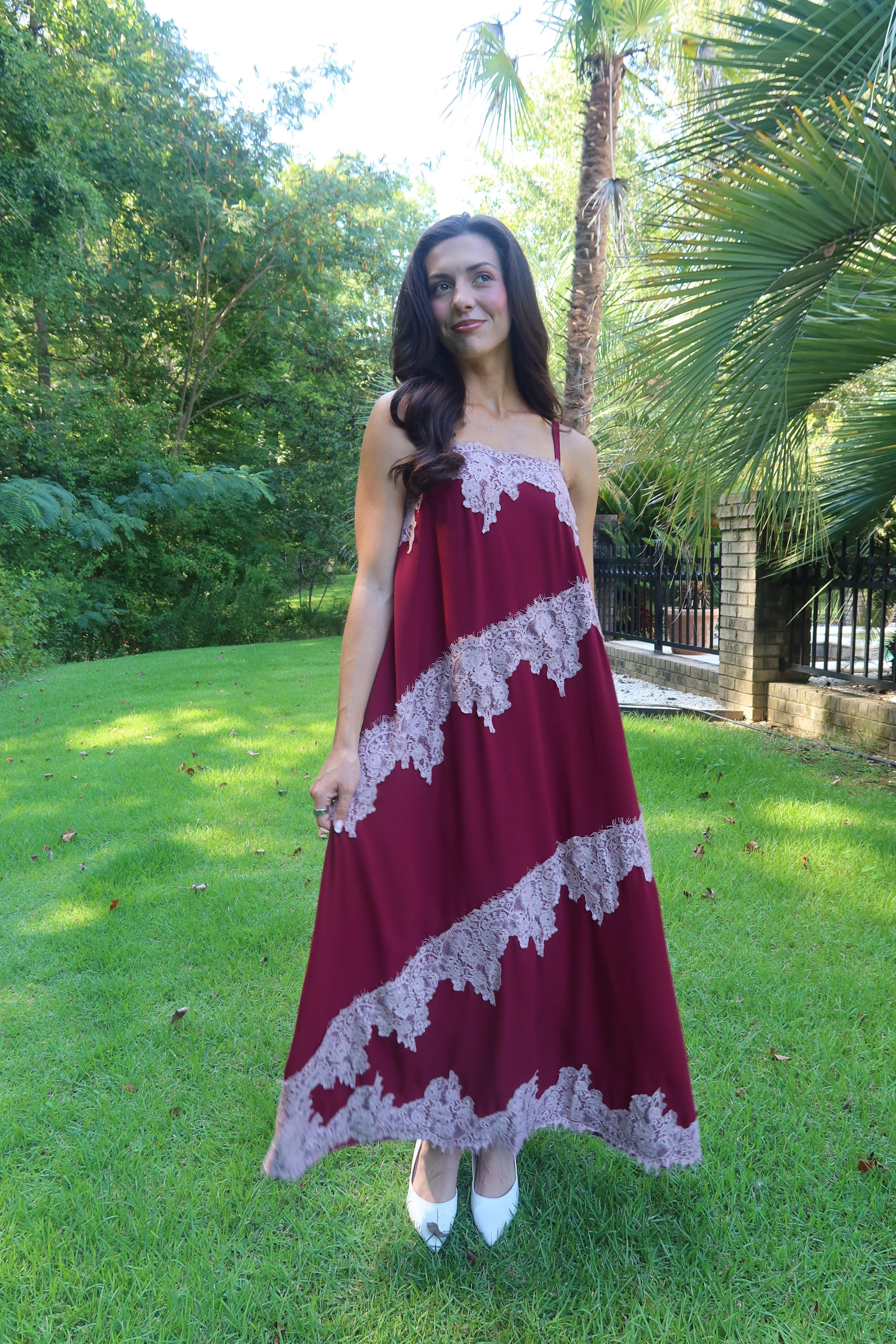 Cranberry Lace Dreams Maxi Dress- Burgundy