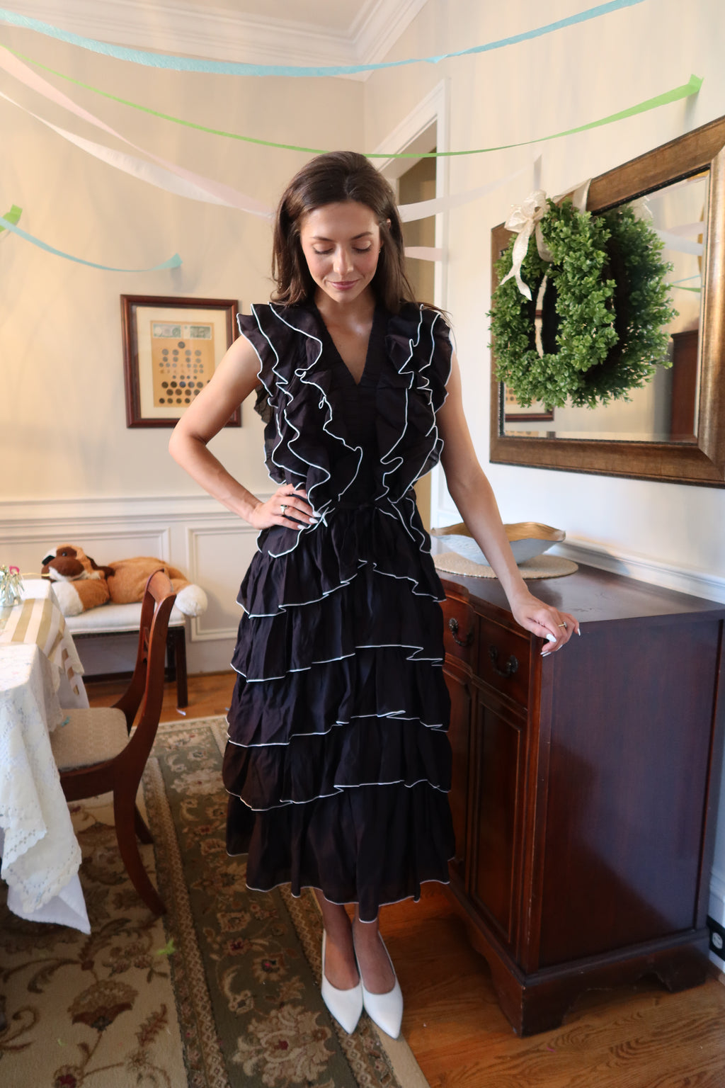 Uptown Ruffled Midi Dress- Black/White