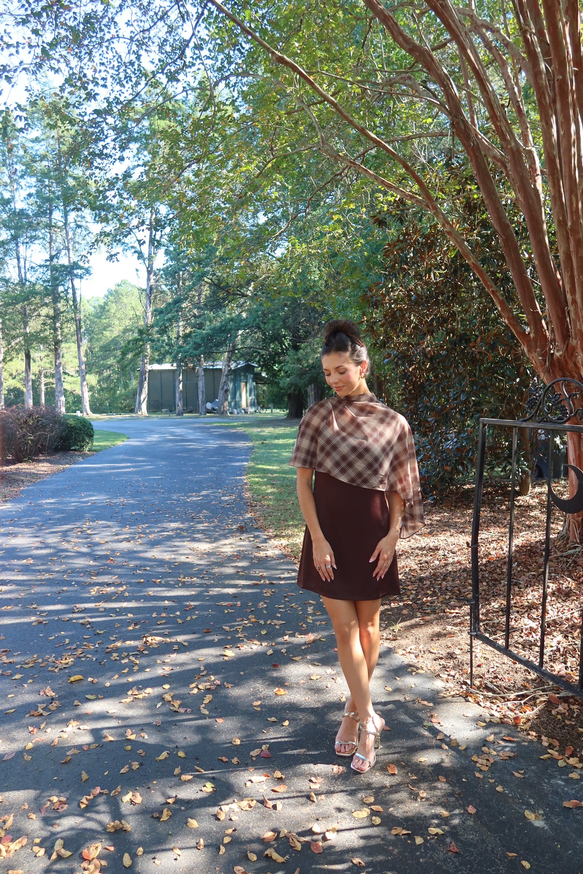Park Avenue Plaid Cape Mini Dress- Cocoa