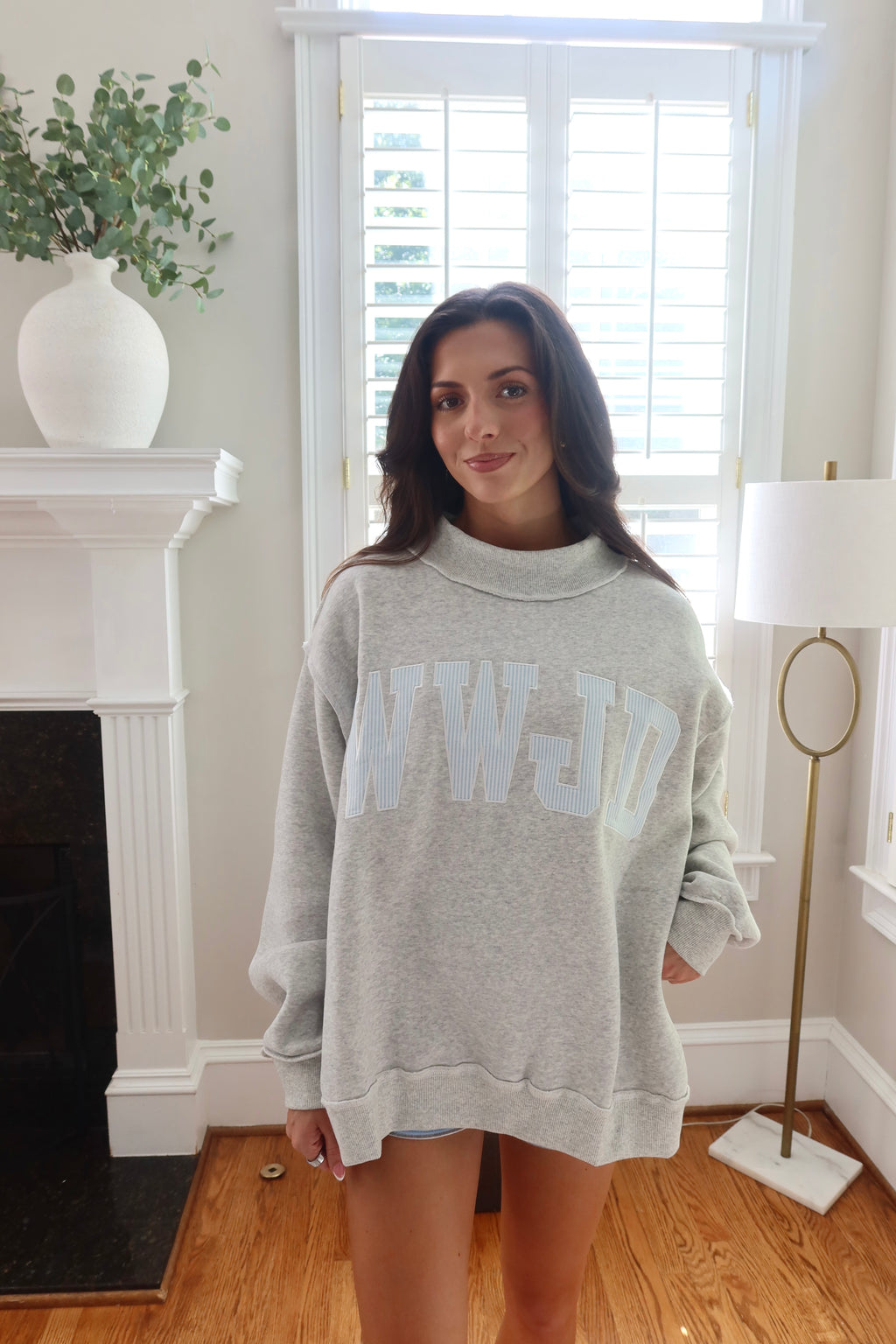 WWJD Embroidered Sweatshirt- Heather Grey/Blue Stripe
