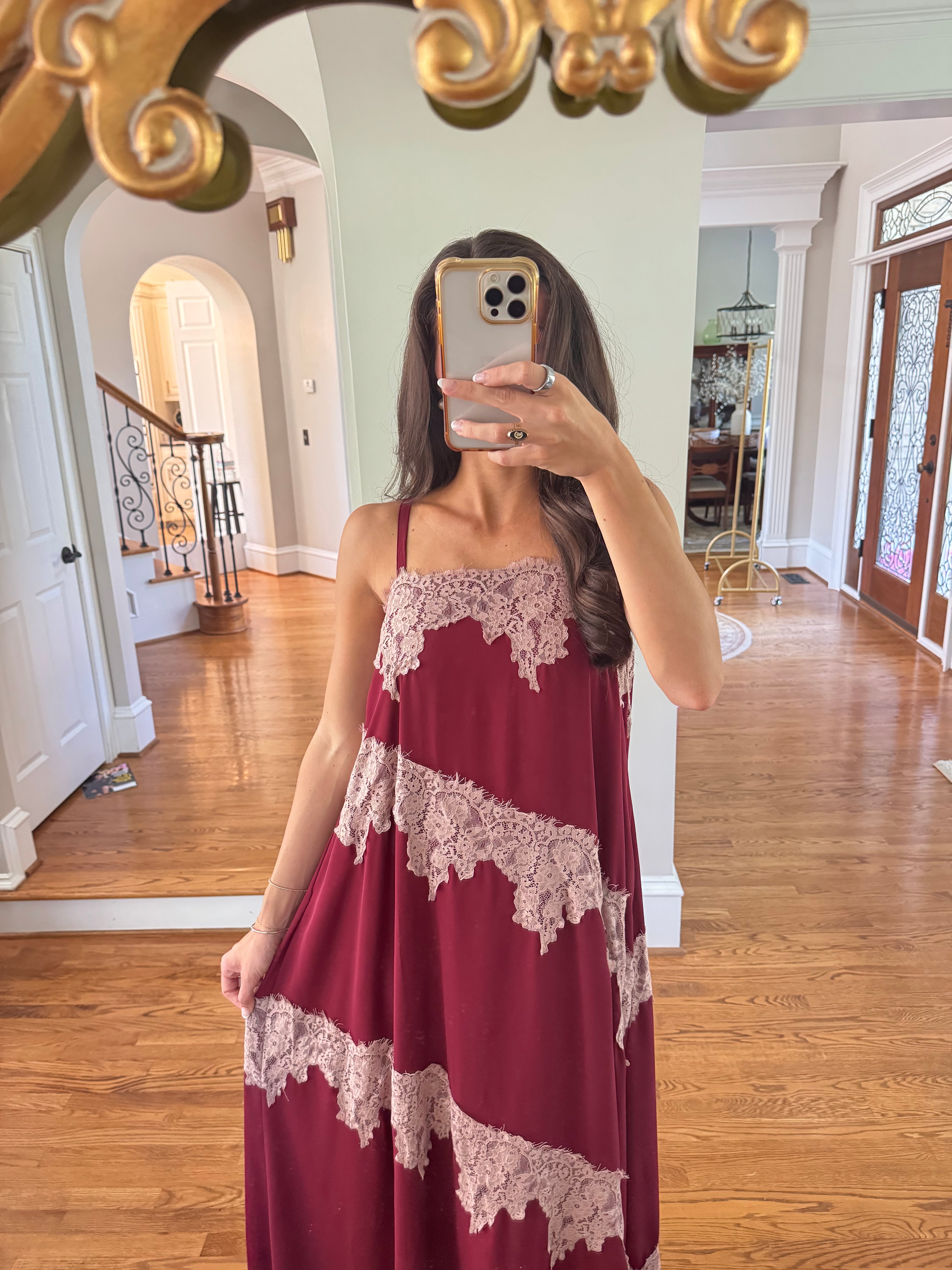 Cranberry Lace Dreams Maxi Dress- Burgundy