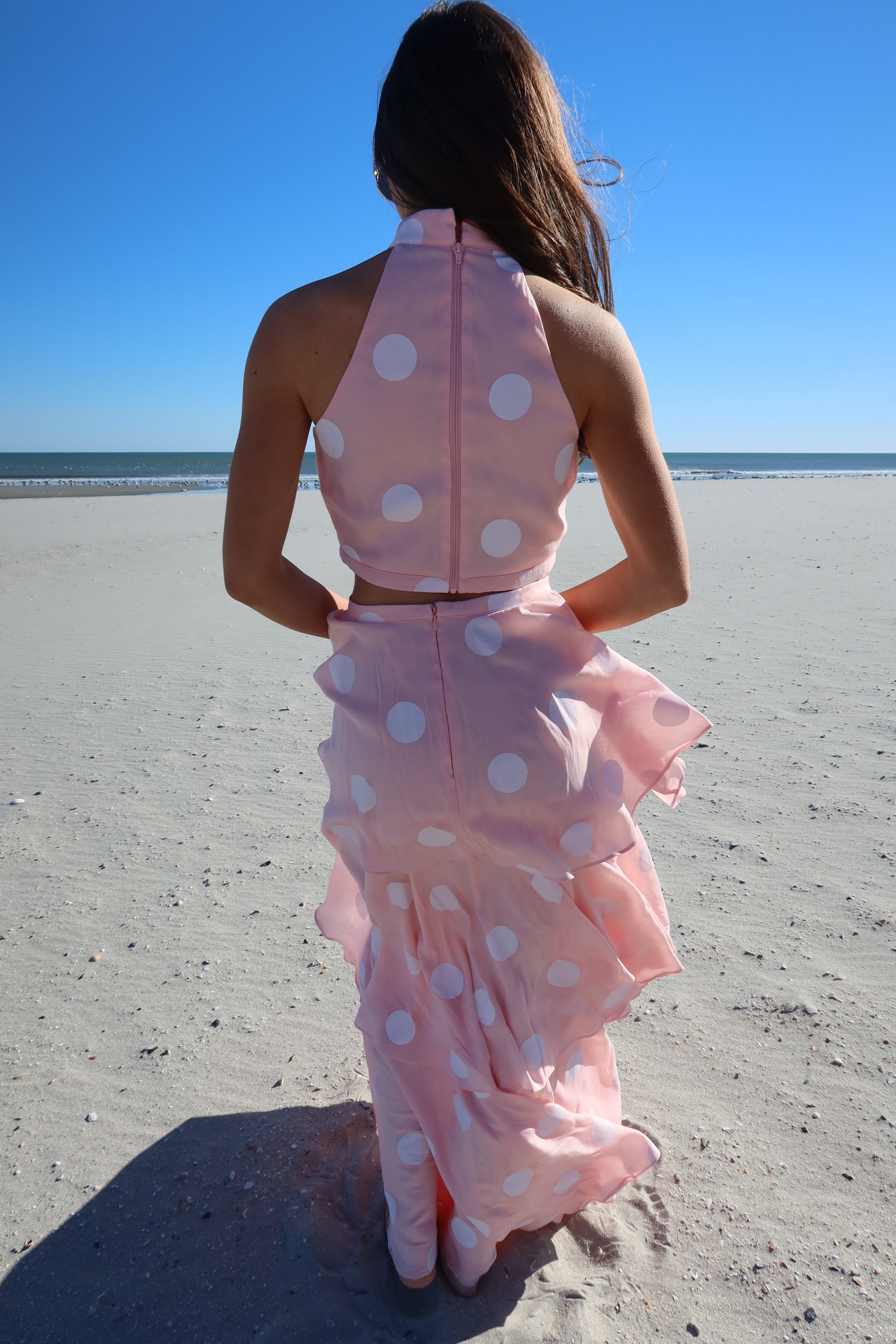 Darling Dot Halter Neck Skirt Set- Pink