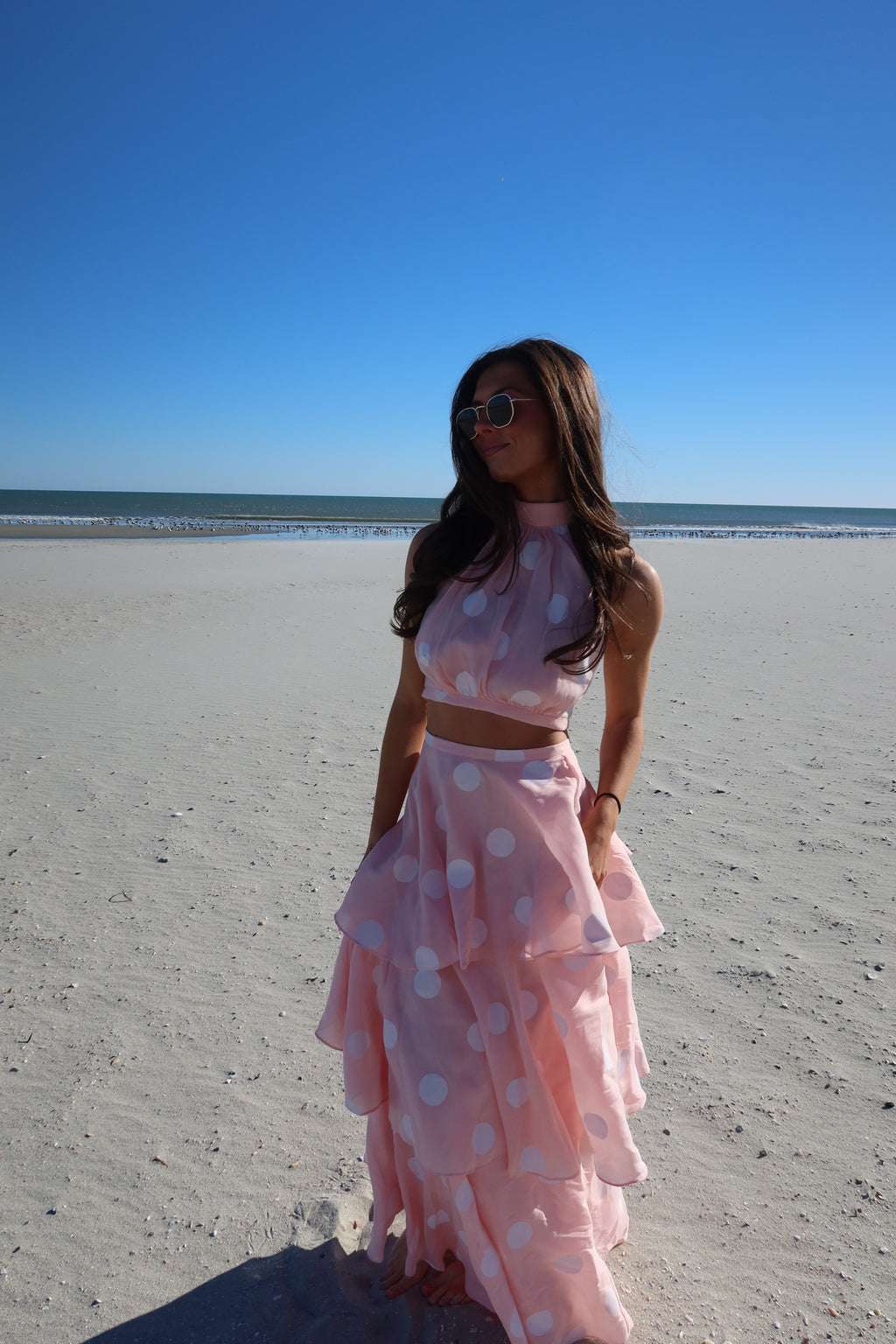 Darling Dot Halter Neck Skirt Set- Pink