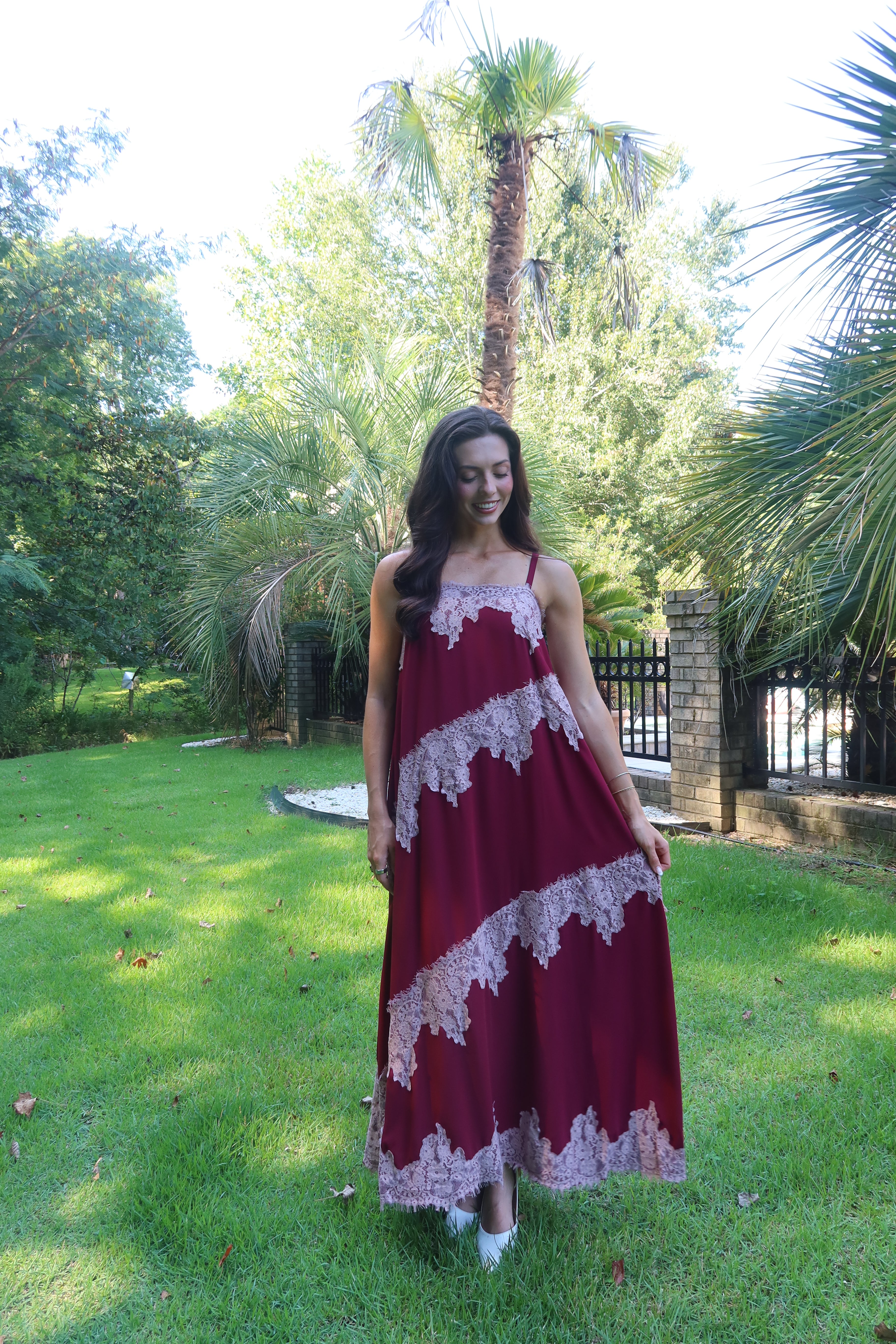 Cranberry Lace Dreams Maxi Dress- Burgundy