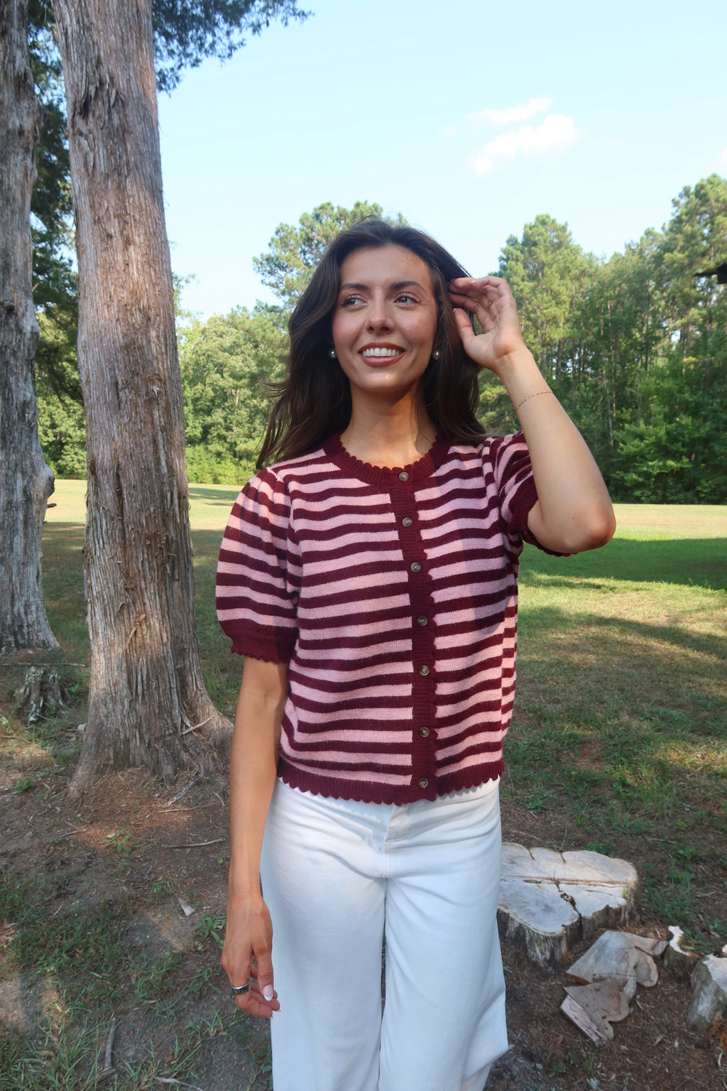 Berry Sweet Striped Cardigan- Pink/Burgundy