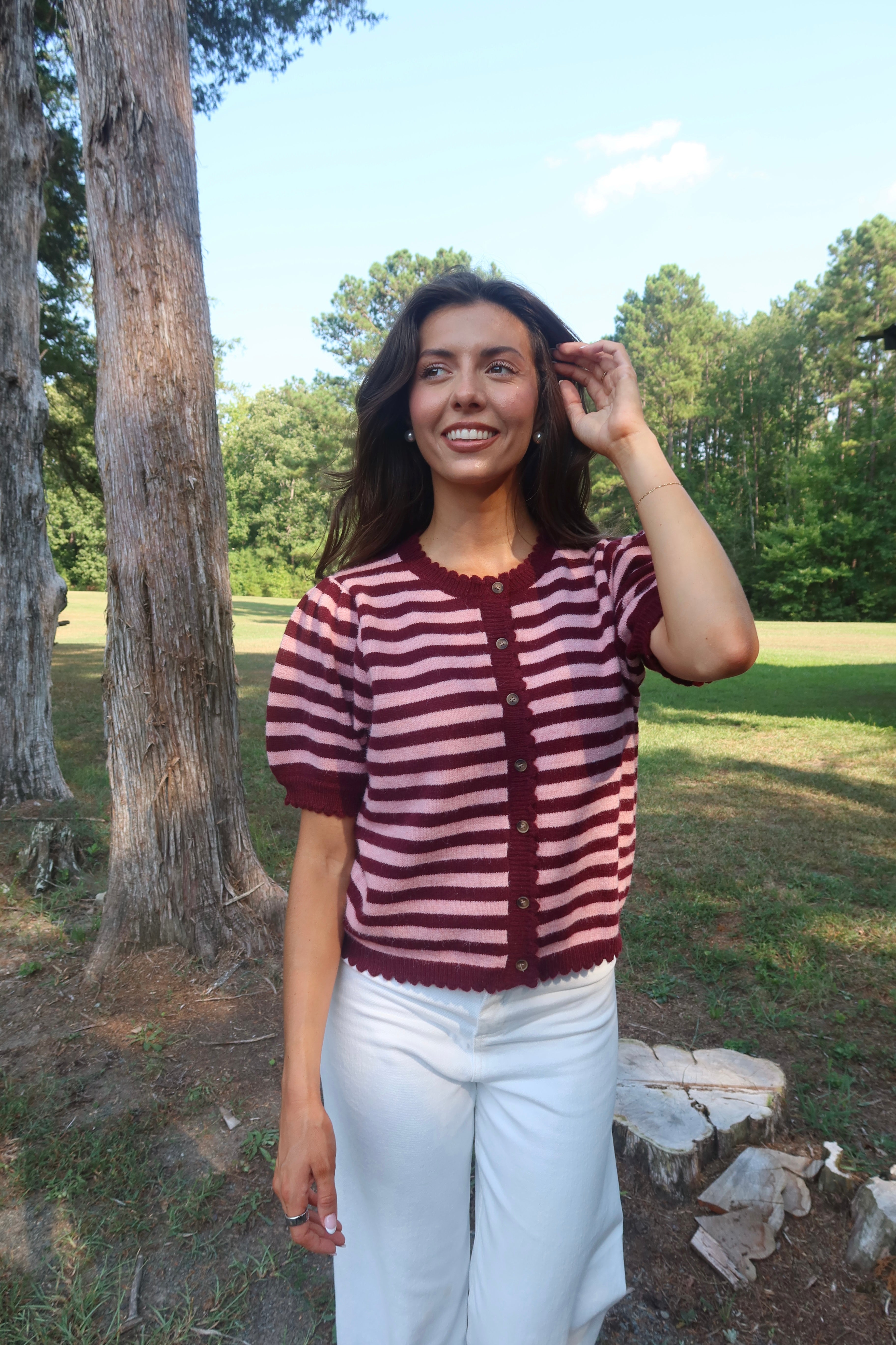 Berry Sweet Striped Cardigan- Pink/Burgundy