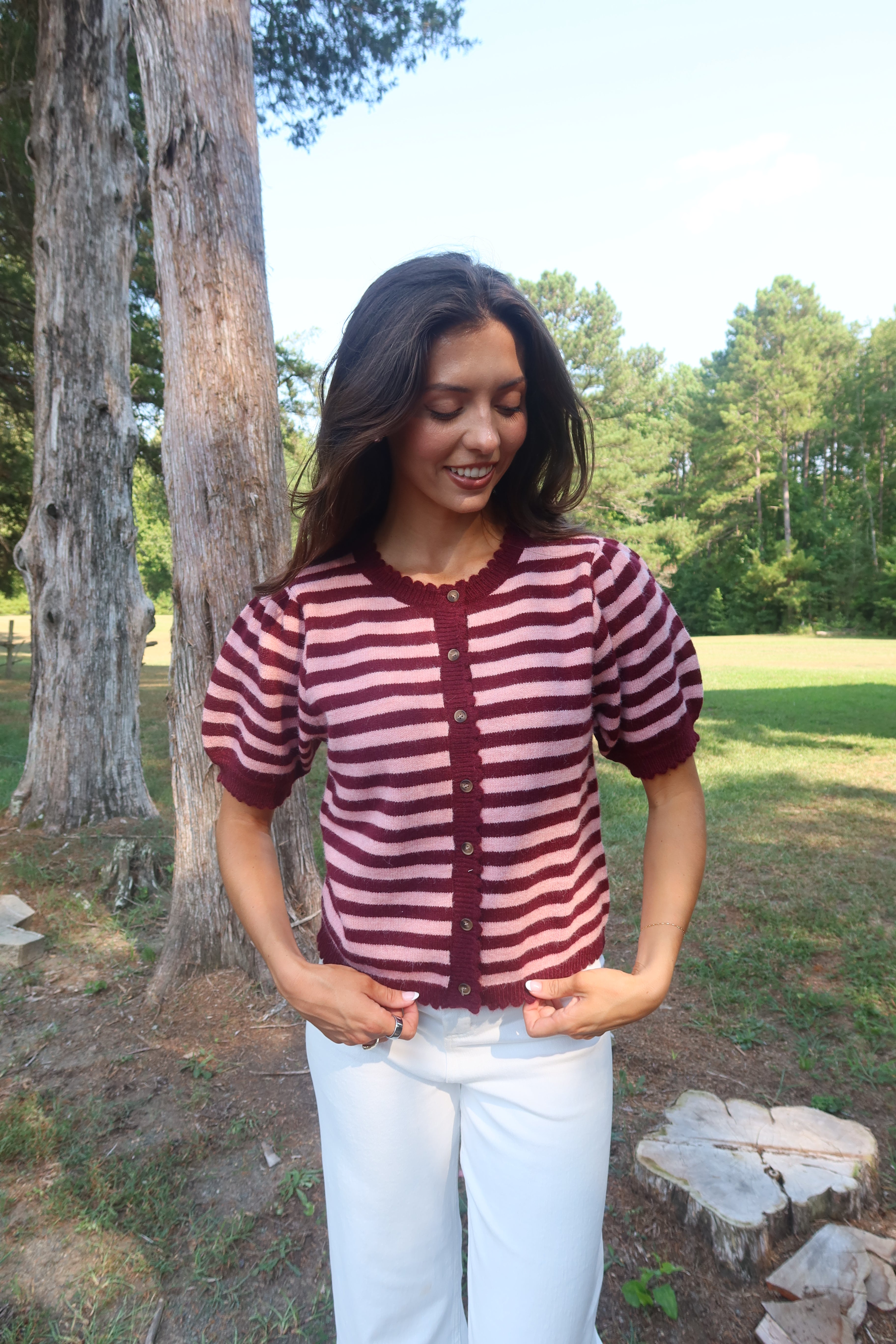 Berry Sweet Striped Cardigan- Pink/Burgundy