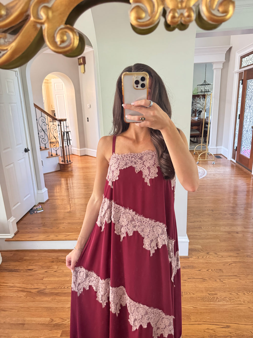Cranberry Lace Dreams Maxi Dress- Burgundy
