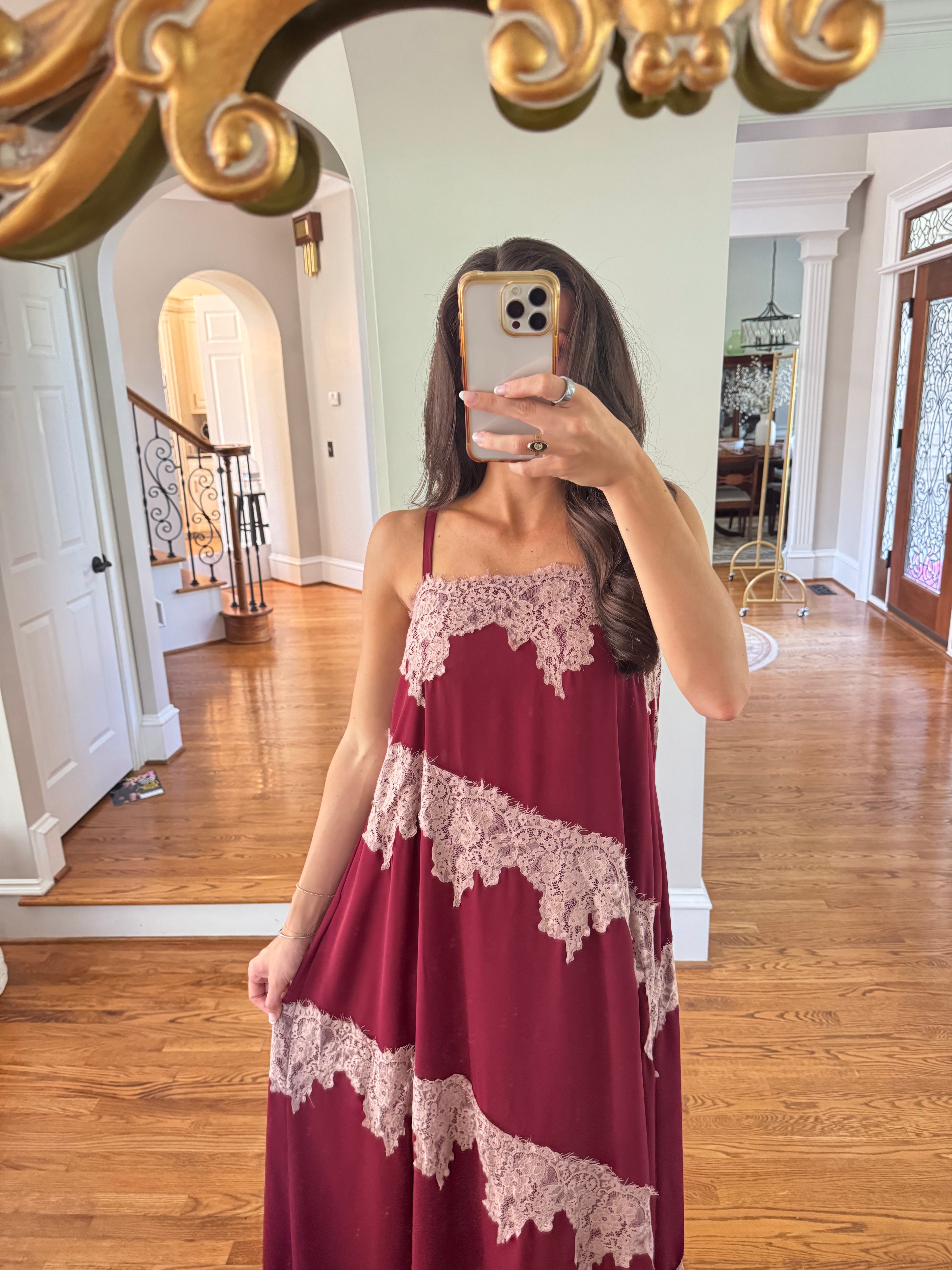 Cranberry Lace Dreams Maxi Dress- Burgundy