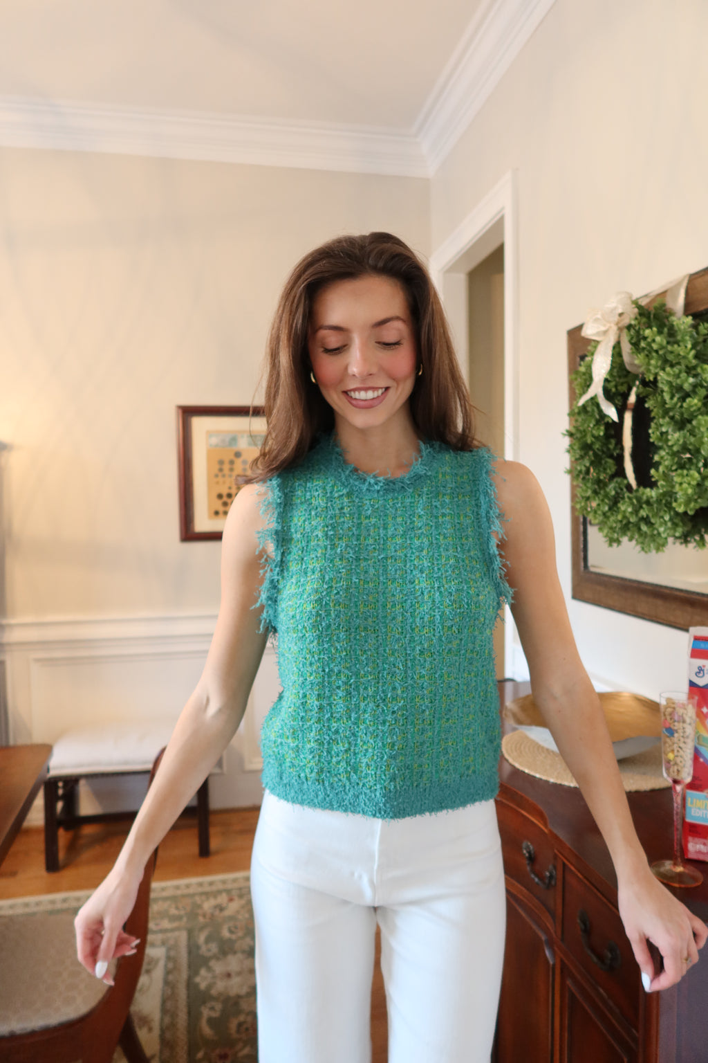 Lucky Girl Tweed Knit Vest- Green