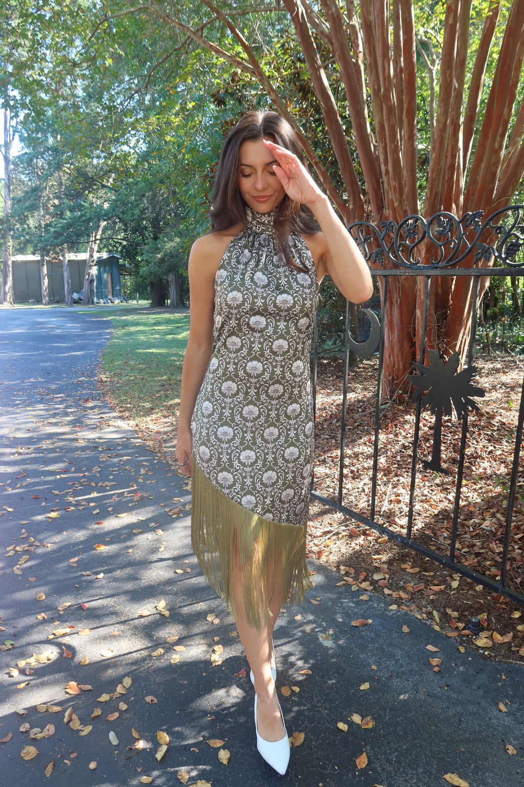Olive Estate Fringe Midi Dress- Olive