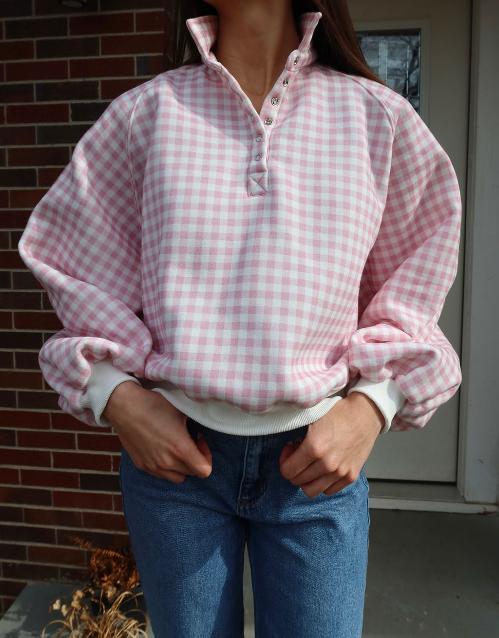 Checkered Snap Pullover- Pink/White