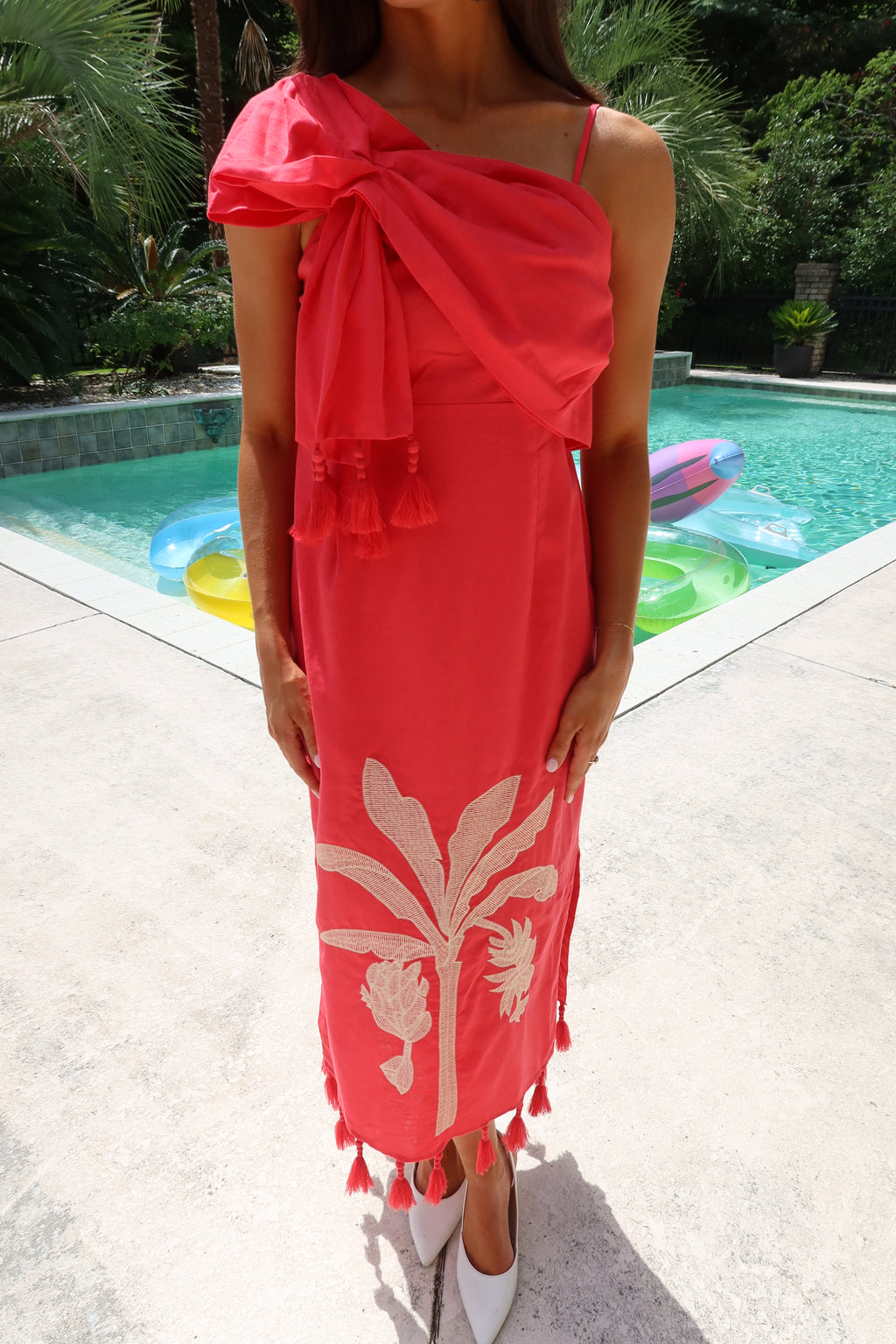 Palm Island Midi Dress- Red/Ecru