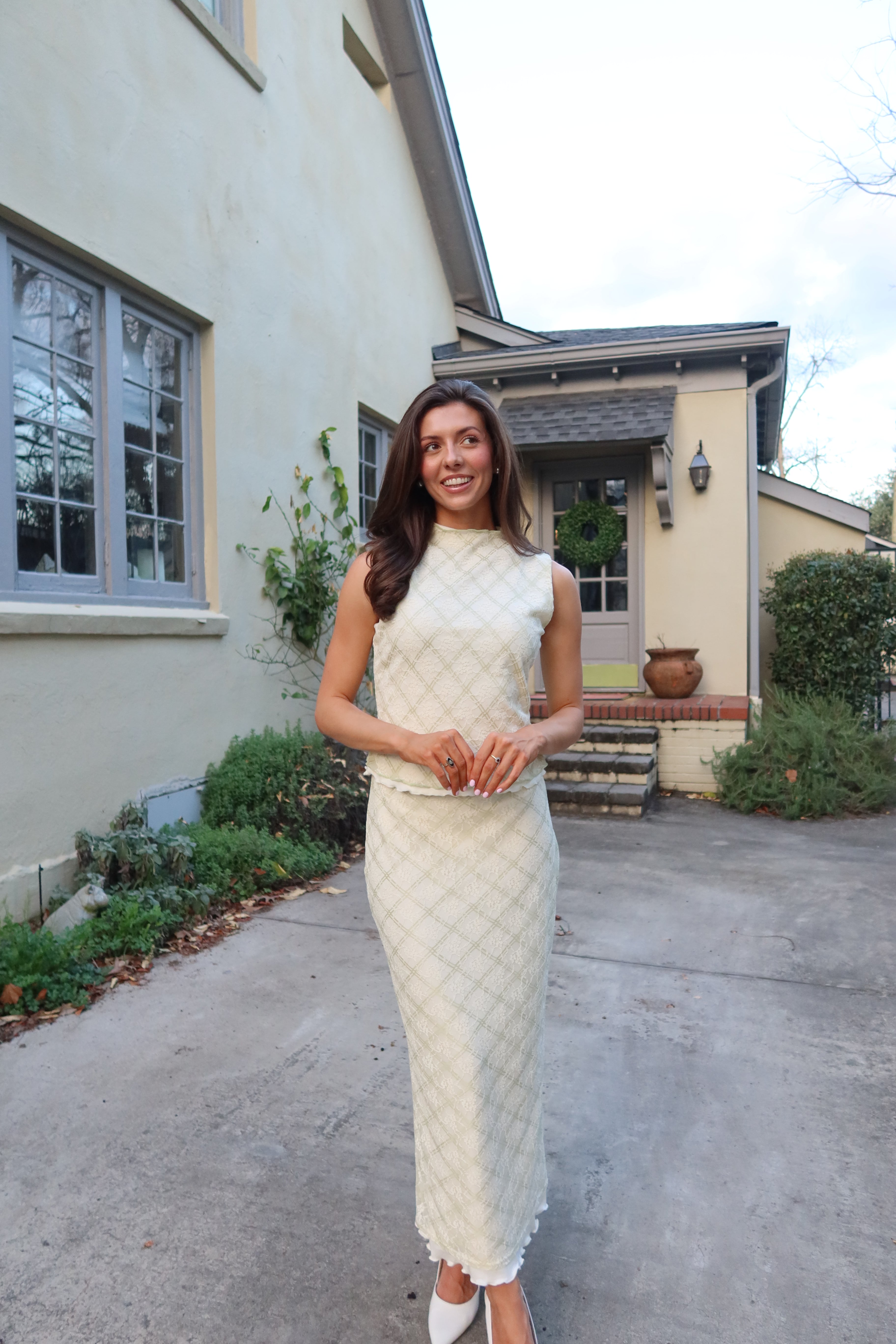 Picnic at the Manor Set Midi Skirt- Cream/Green