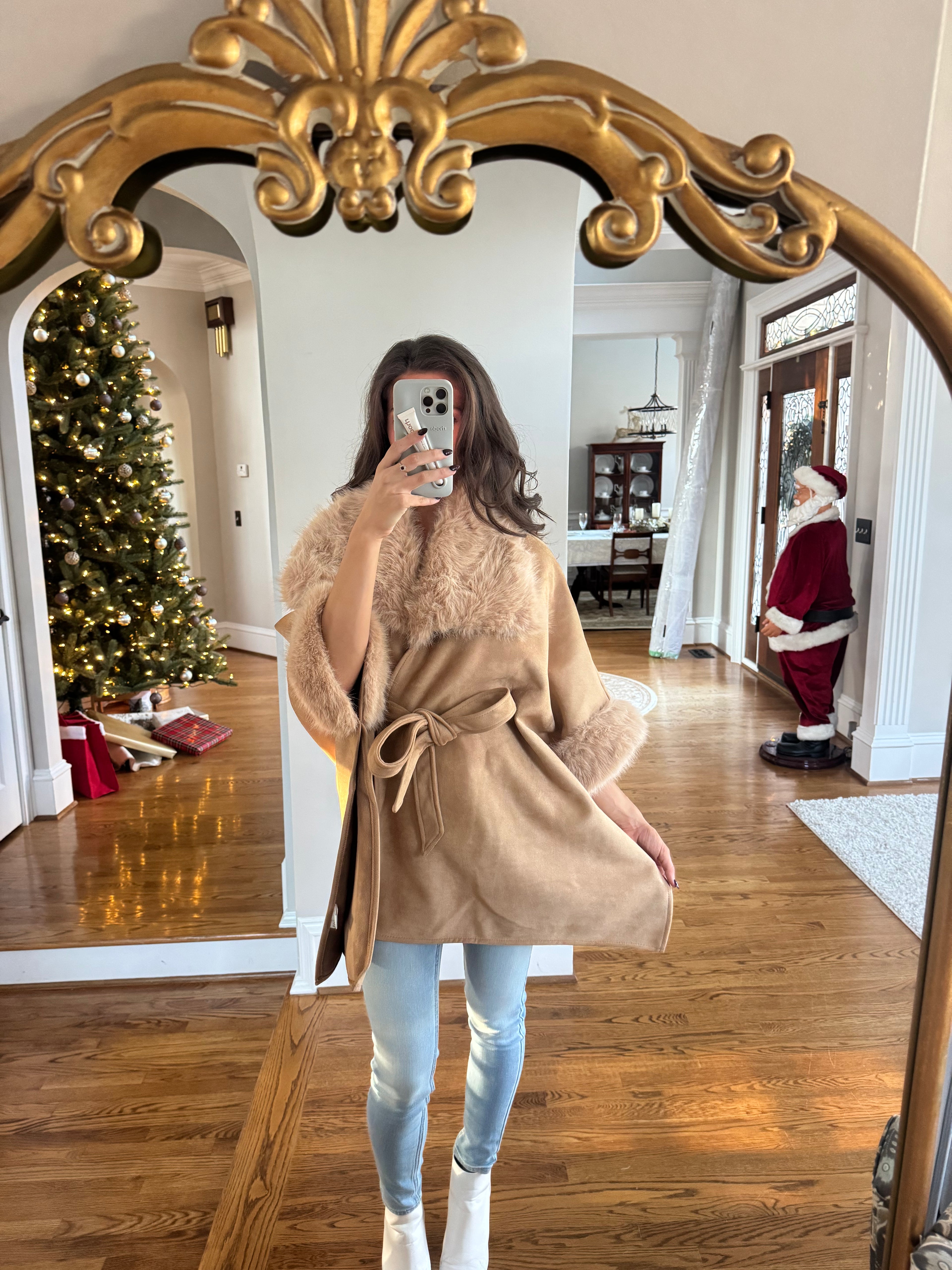 Faux Suede Fur Cape- Tan