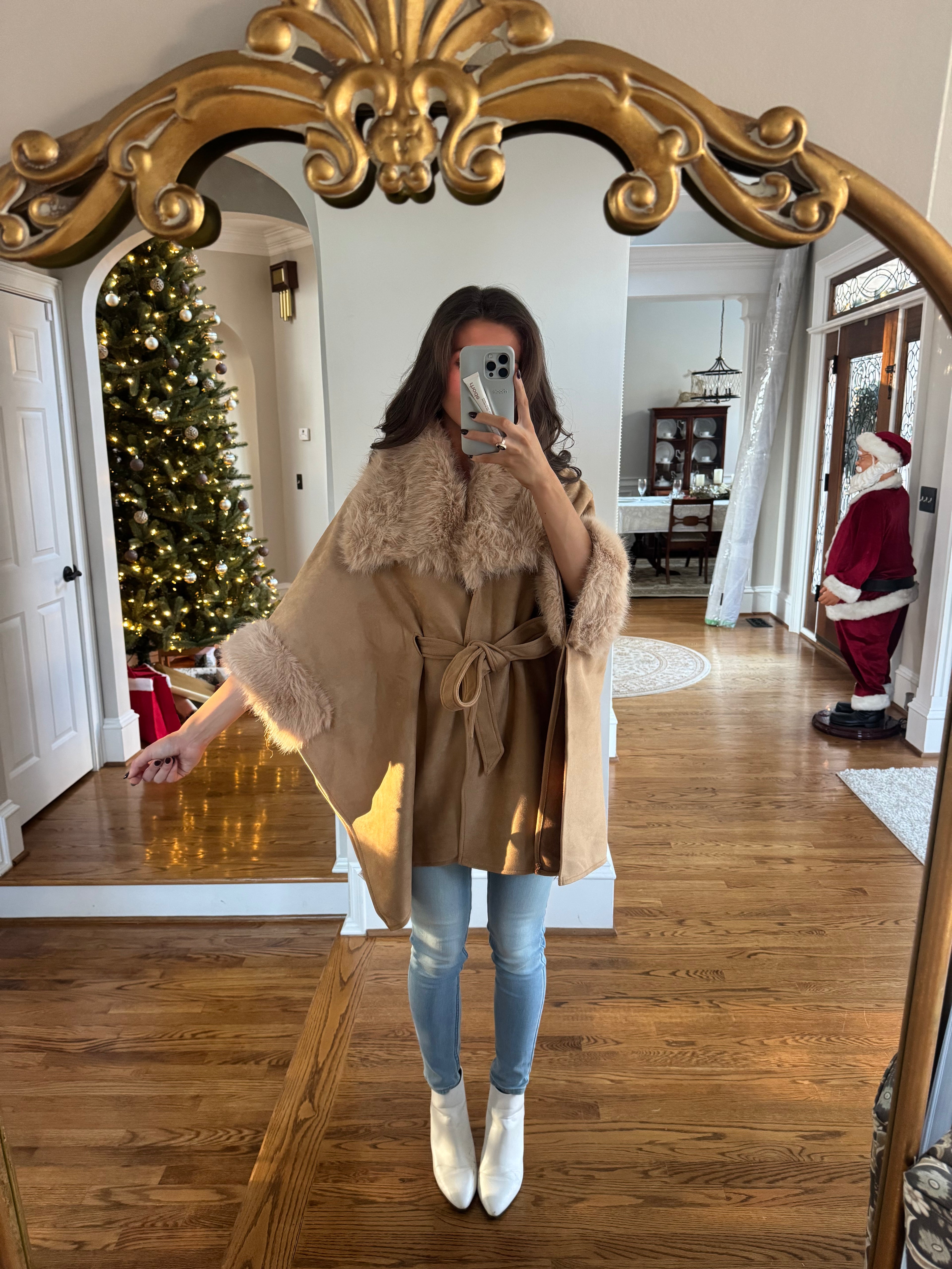 Faux Suede Fur Cape- Tan
