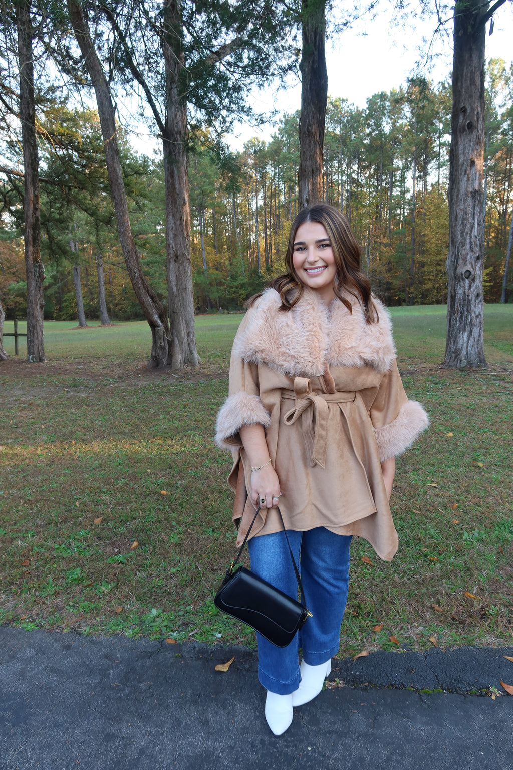 Faux Suede Fur Cape- Tan