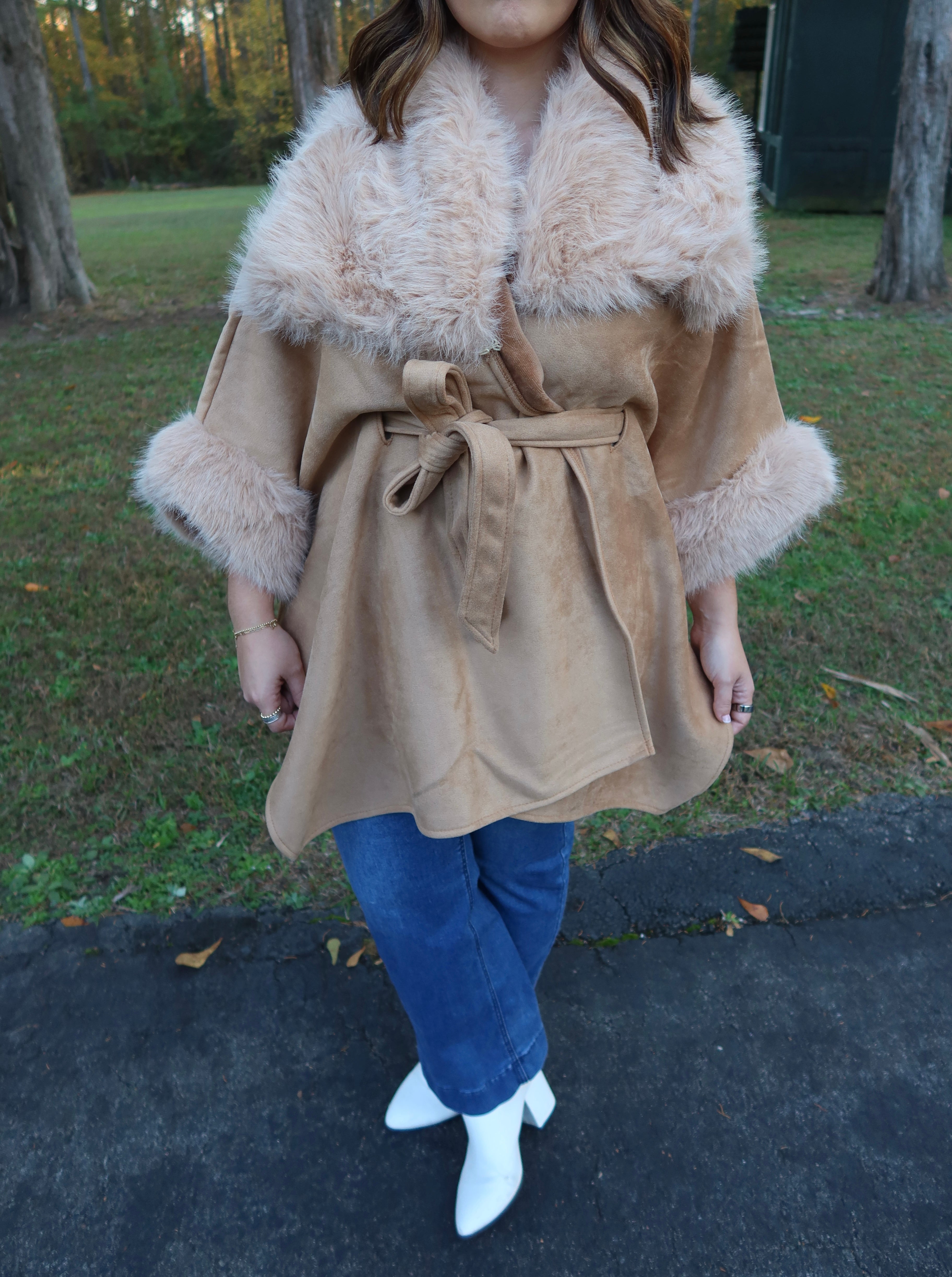 Faux Suede Fur Cape- Tan