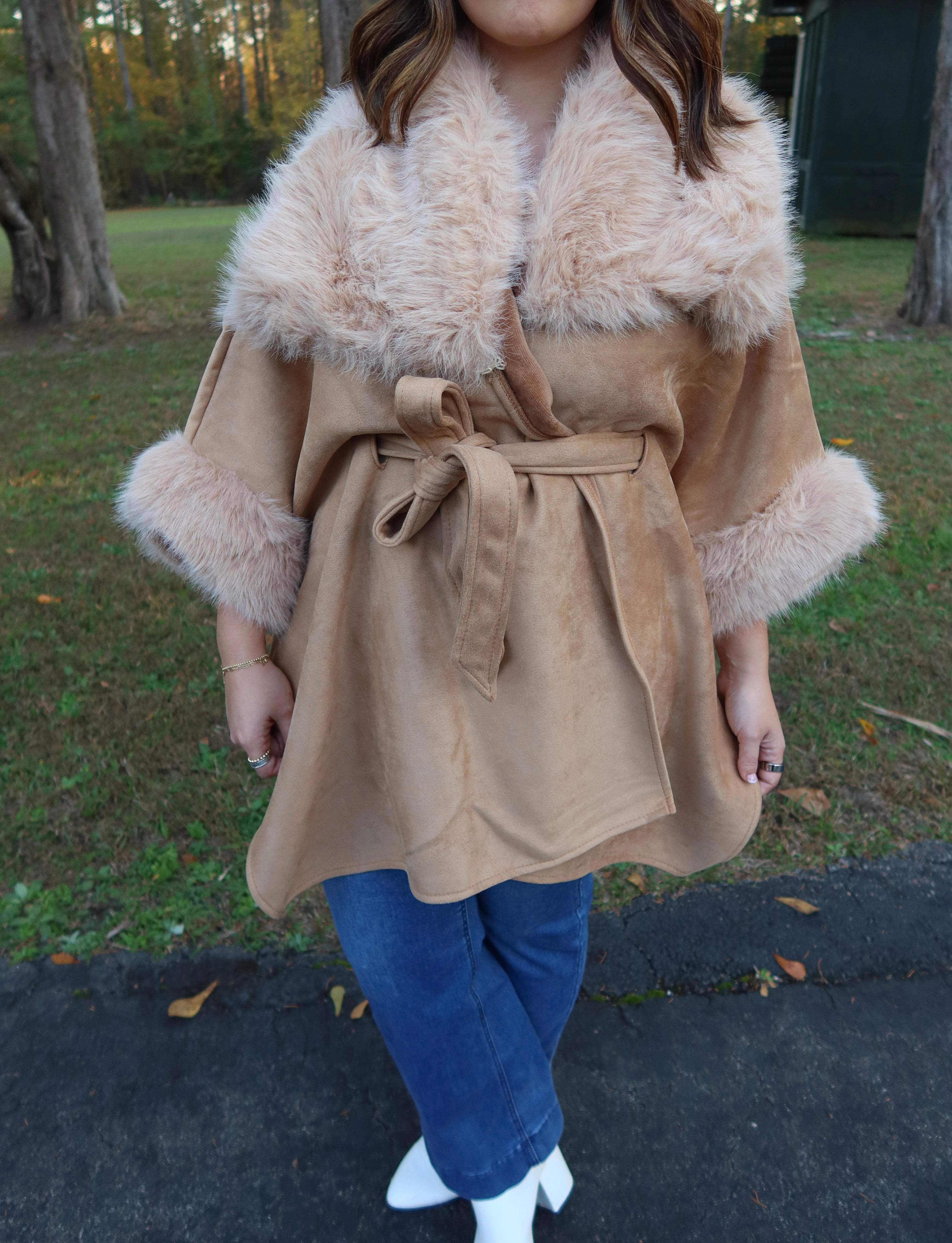 Faux Suede Fur Cape- Tan