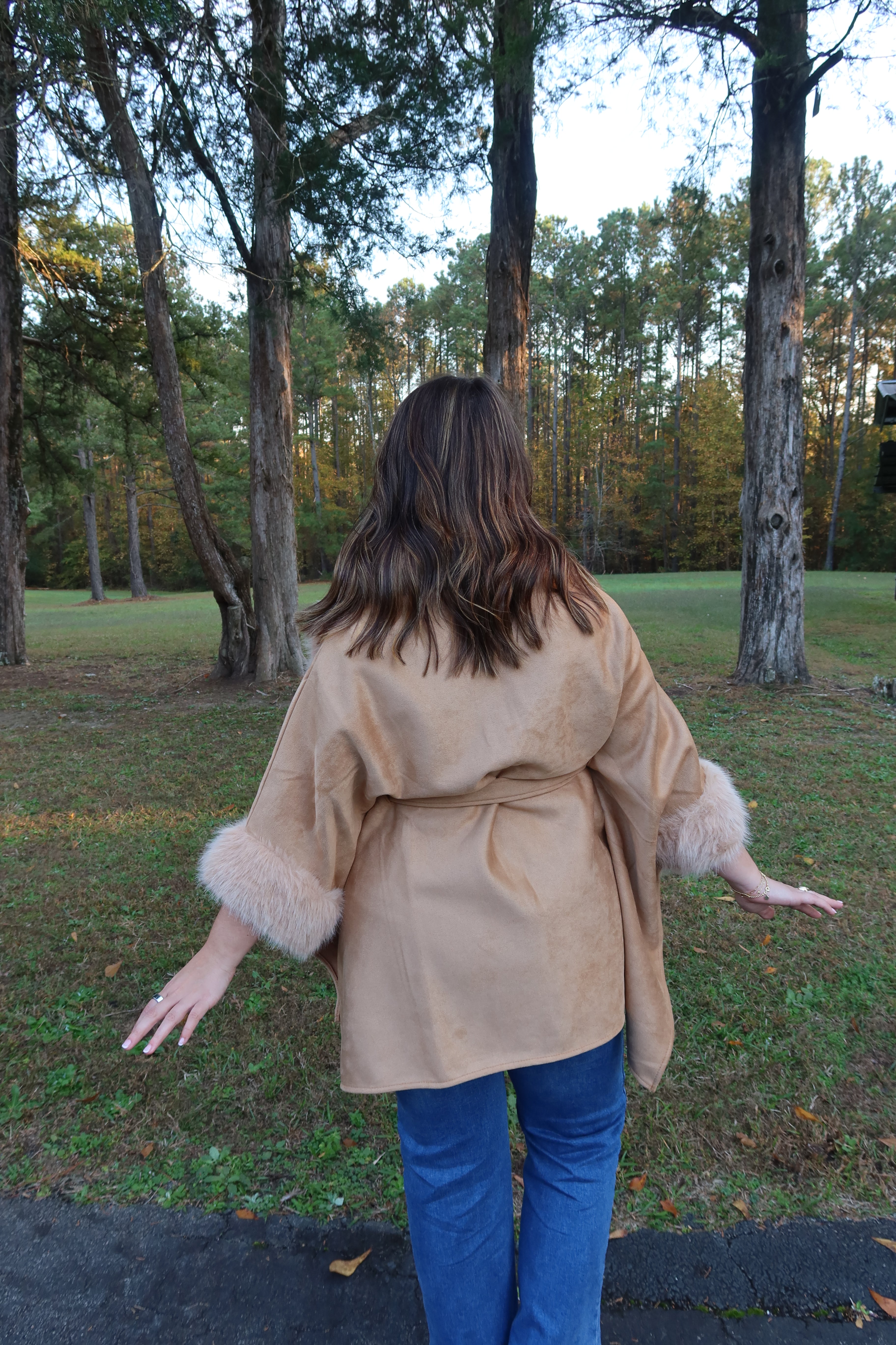 Faux Suede Fur Cape- Tan
