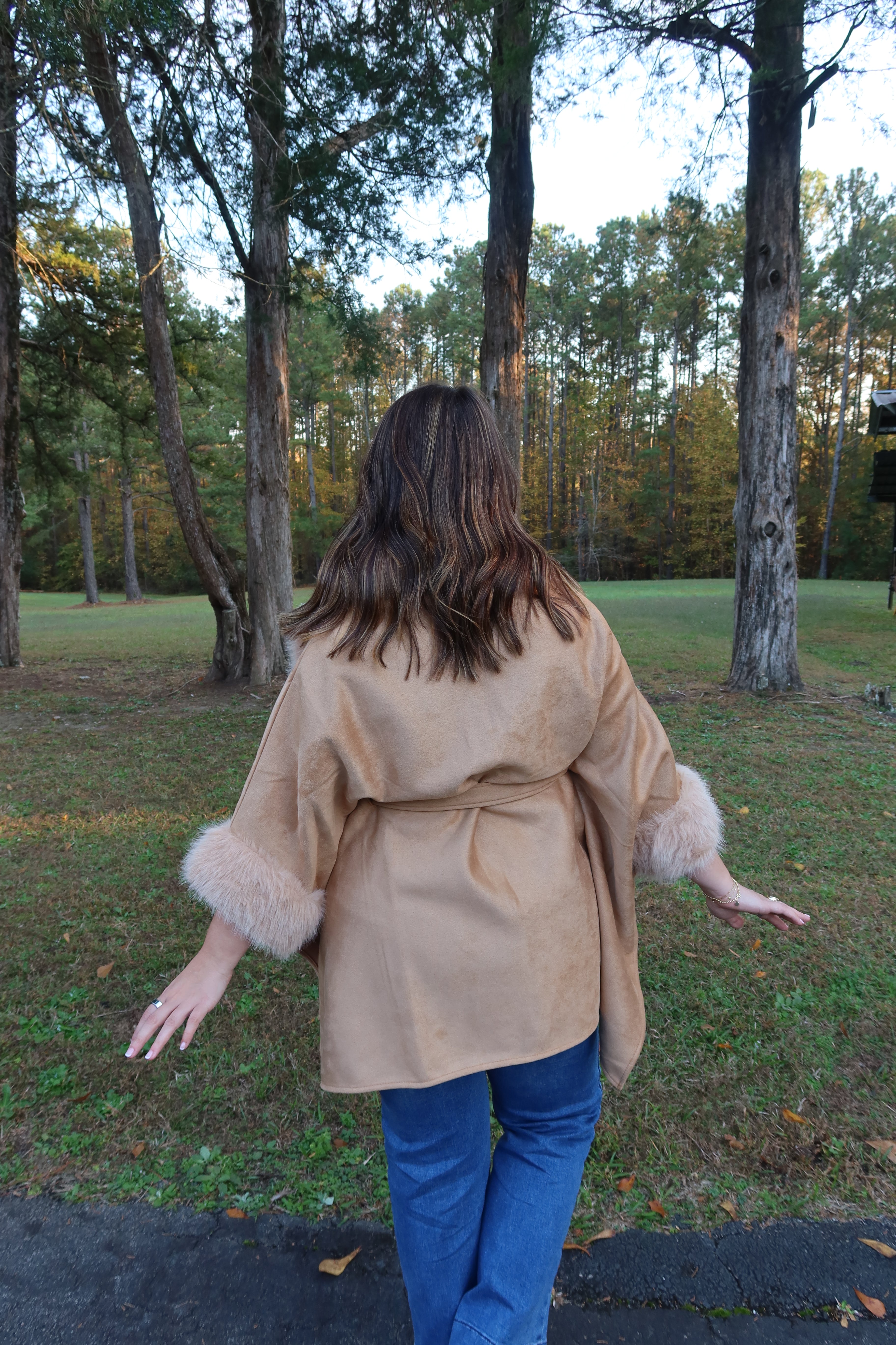 Faux Suede Fur Cape- Tan