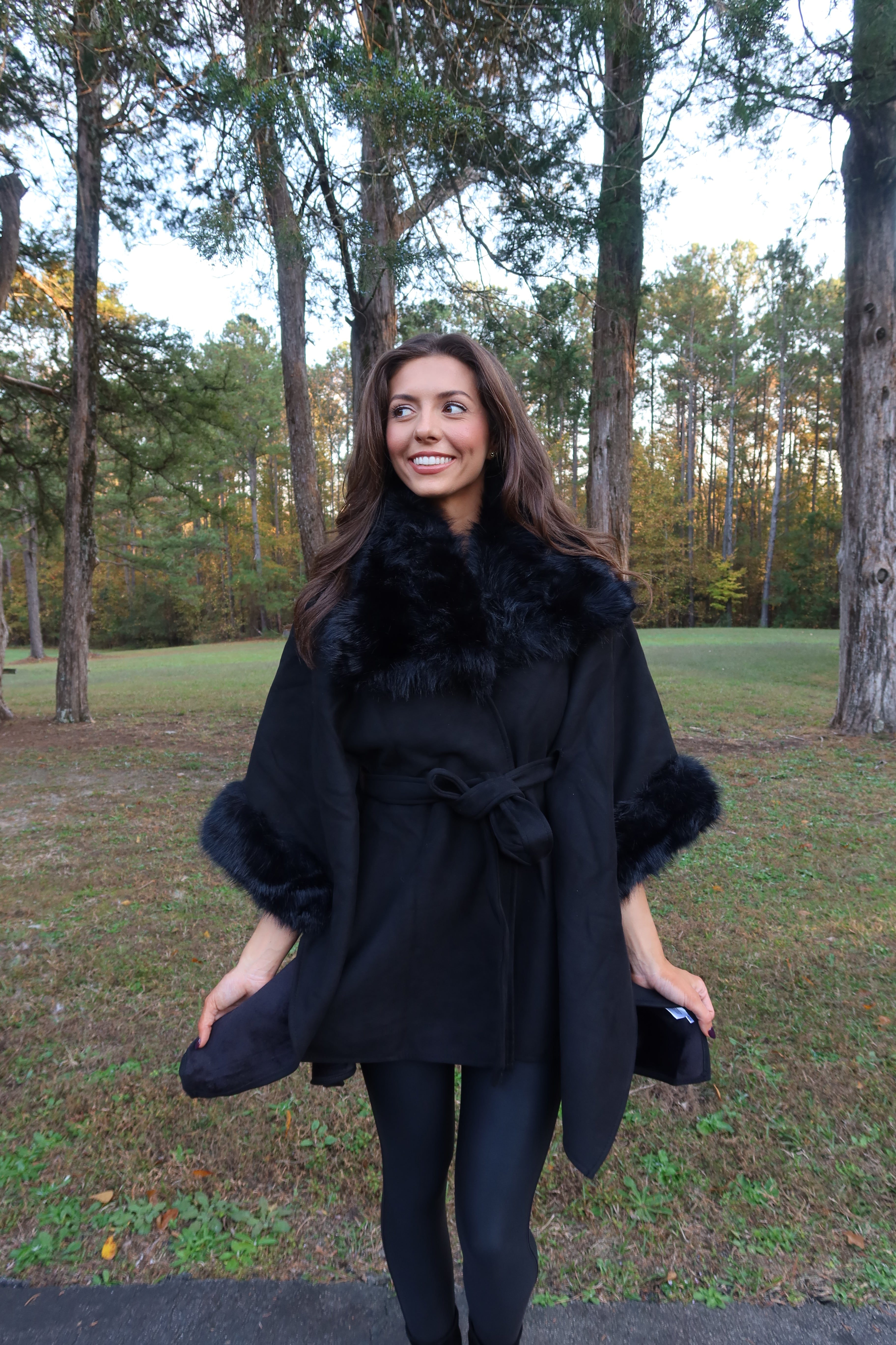 Faux Suede Fur Cape- Black
