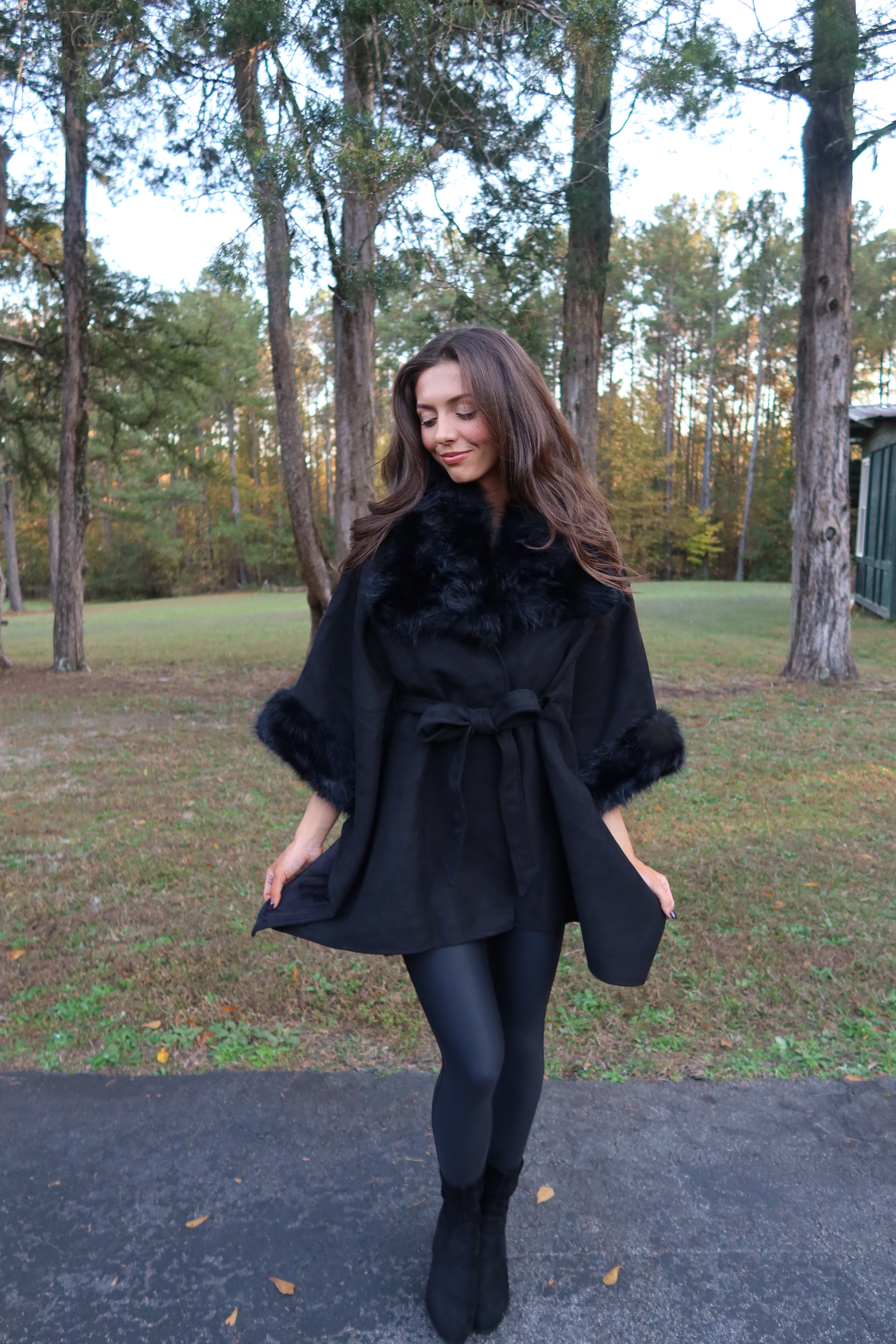 Faux Suede Fur Cape- Black