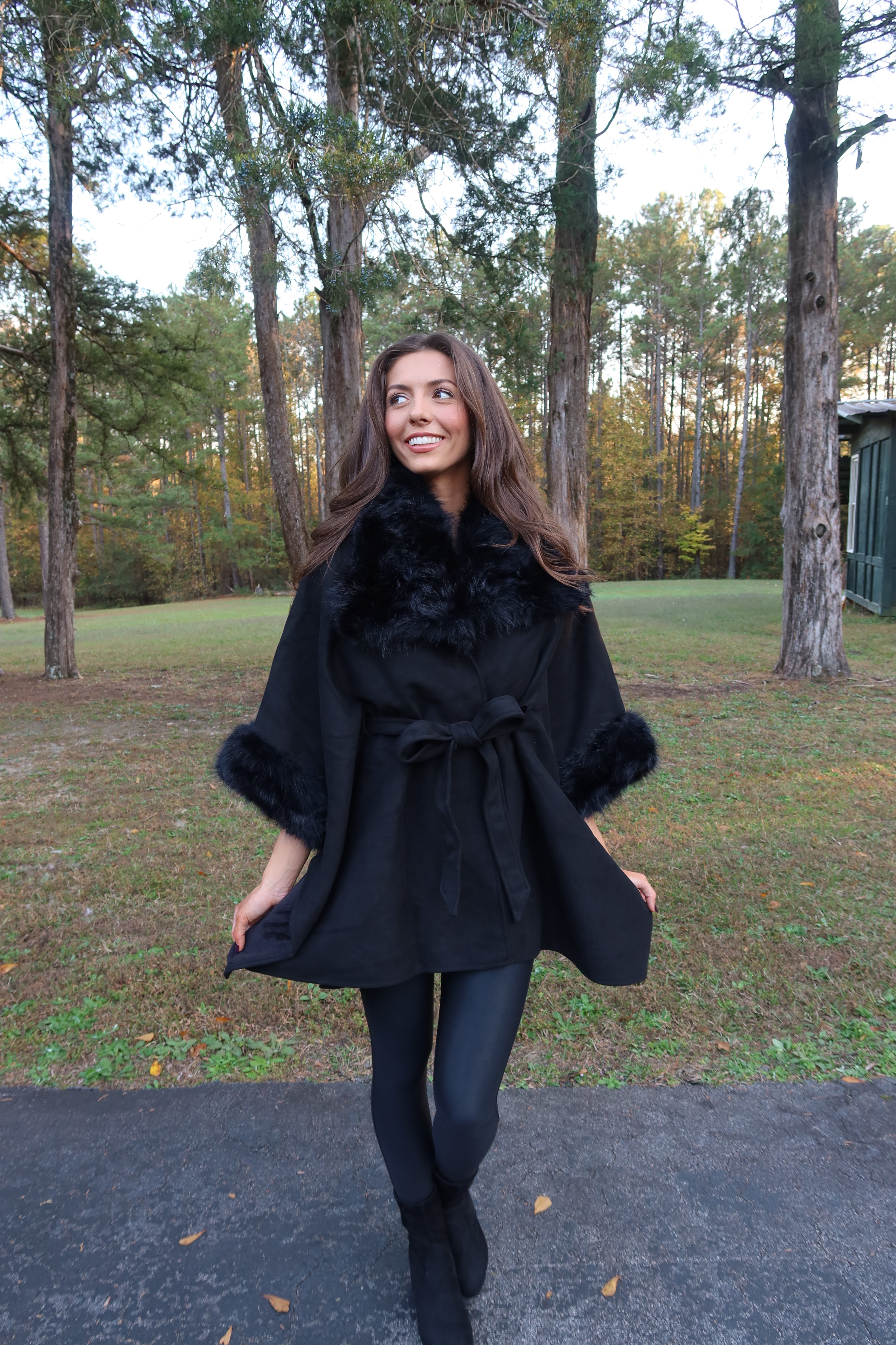 Faux Suede Fur Cape- Black